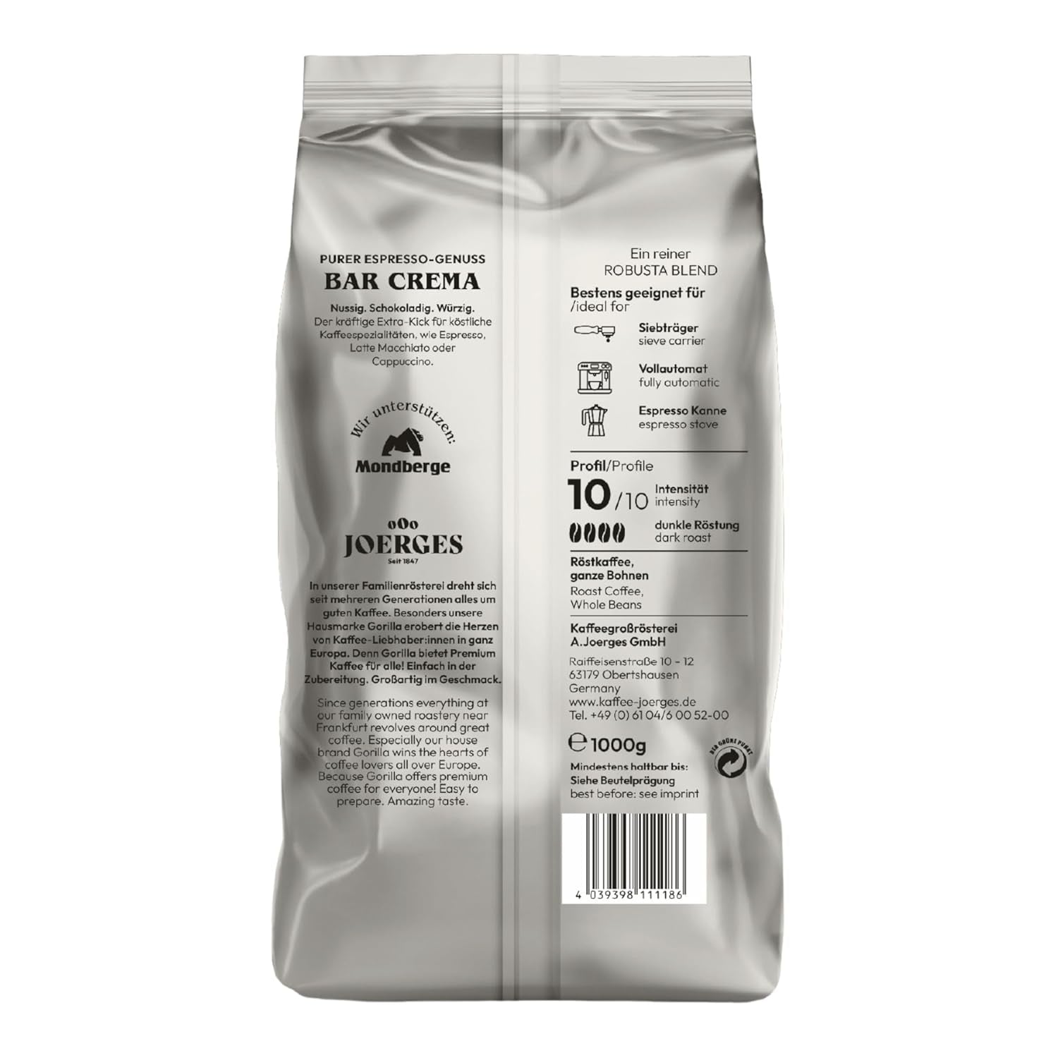 Gorilla Espresso Bar Crema Kaffeebohnen – 12 Packungen à 1000 g
