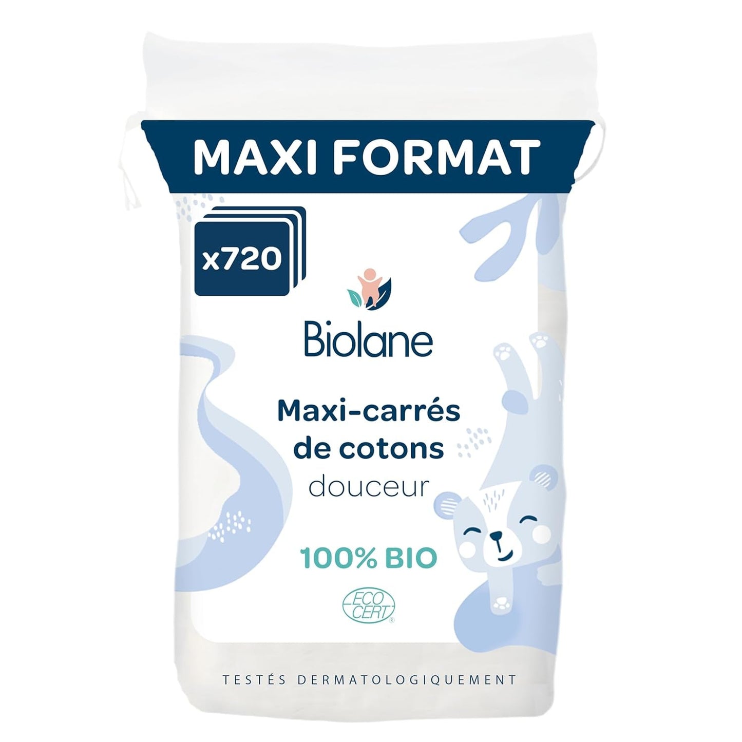BIOLANE 12 feuchte Maxi-Squares-Einlagen – Babys – 100 % Bio – 720 Baumwolle – für empfindliche Haut – Wickel- und Toilettenartikel – ab der Geburt – hergestellt in Frankreich