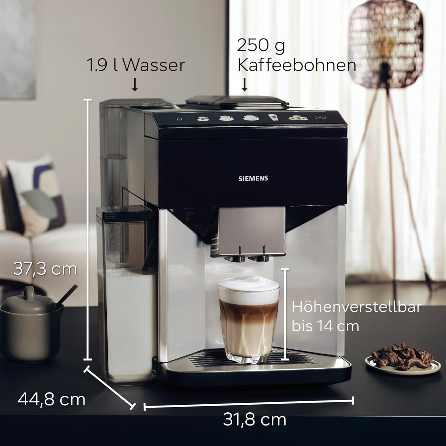 Siemens EQ500 Espressovollautomat TQ513D01, viele Kaffeespezialitäten, Milchaufschäumer, integrierter Milchbehälter, automatische Dampfreinigung, 1500 W, Natural Light Silver/Piano Black