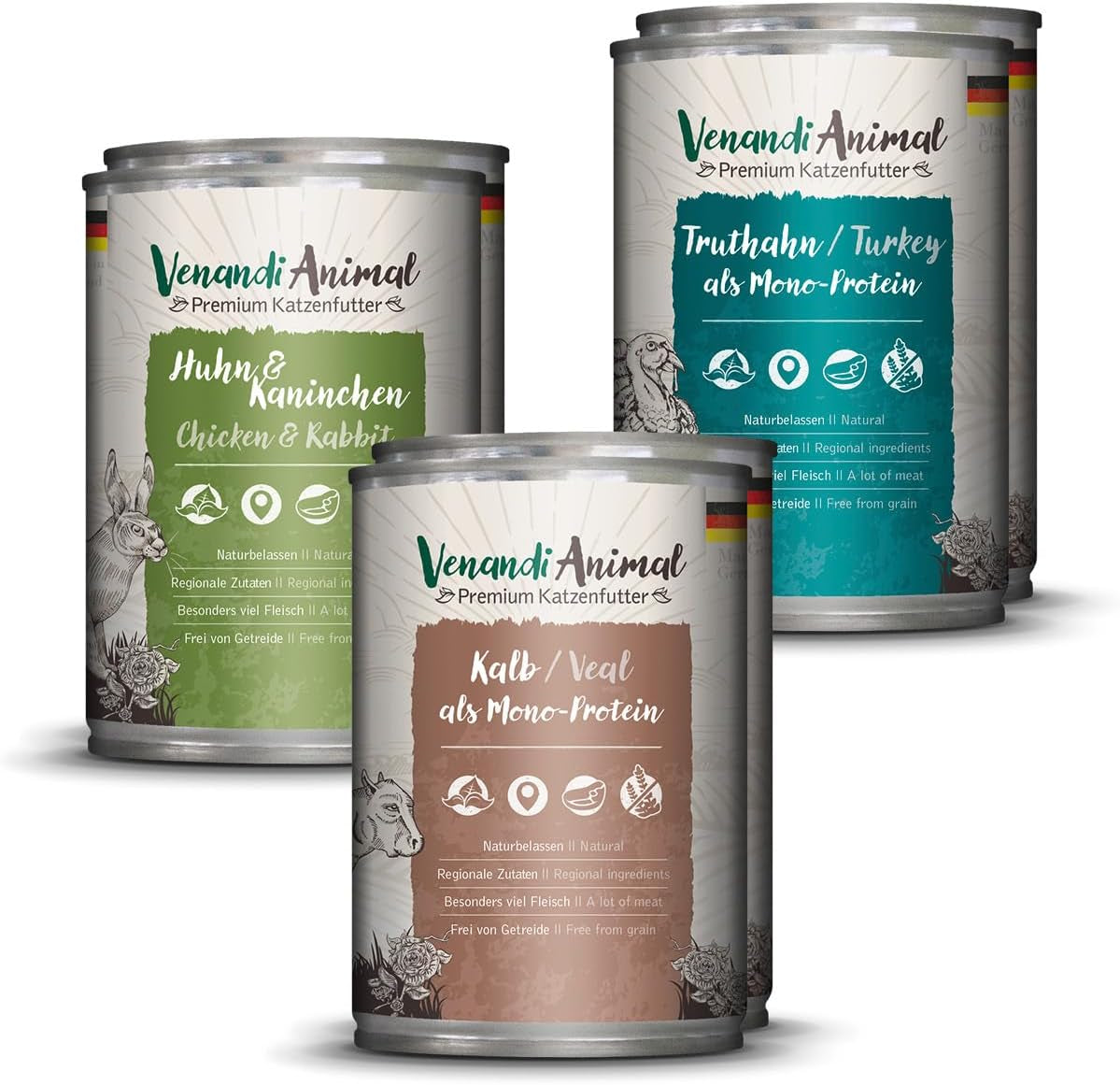 Venandi Animal Premium Nassfutter für Katzen, Probierpaket II, Huhn + Kaninchen, Kalb, Truthahn, 6 x 400 g, getreidefrei und naturbelassen, 2,4 kg