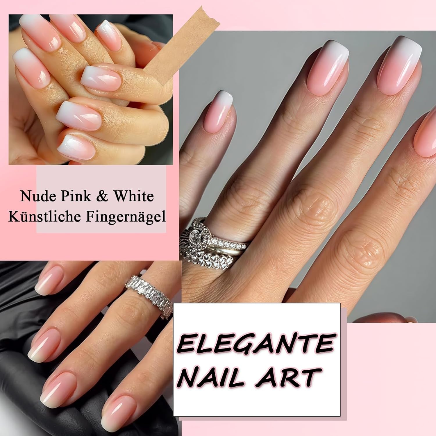 360-teiliges Kunstnägel-Set – Kurze Kunstnägel in Nude-Rosa-Weiß mit Farbverlauf – Quadratische Kunstnägel zum Aufkleben – Vollflächige, glänzende, selbstklebende Nägel für Frauen und Mädchen (quadratisch)