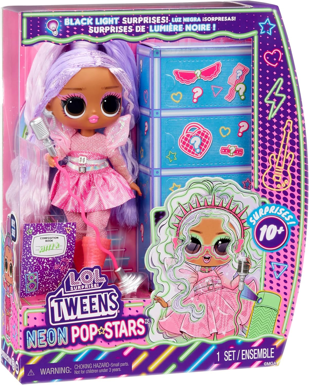 L.O.L. Überraschung! Tweens Neon Pop Stars – Kitty K – 1 Modepuppe mit hintergrundbeleuchteten Überraschungen und mehr als 10 Popstar-Outfits und Accessoires, einschließlich Retro-Mikrobändern, Geschenk für Kinder ab 4 Jahren, Naty Shop Dolls