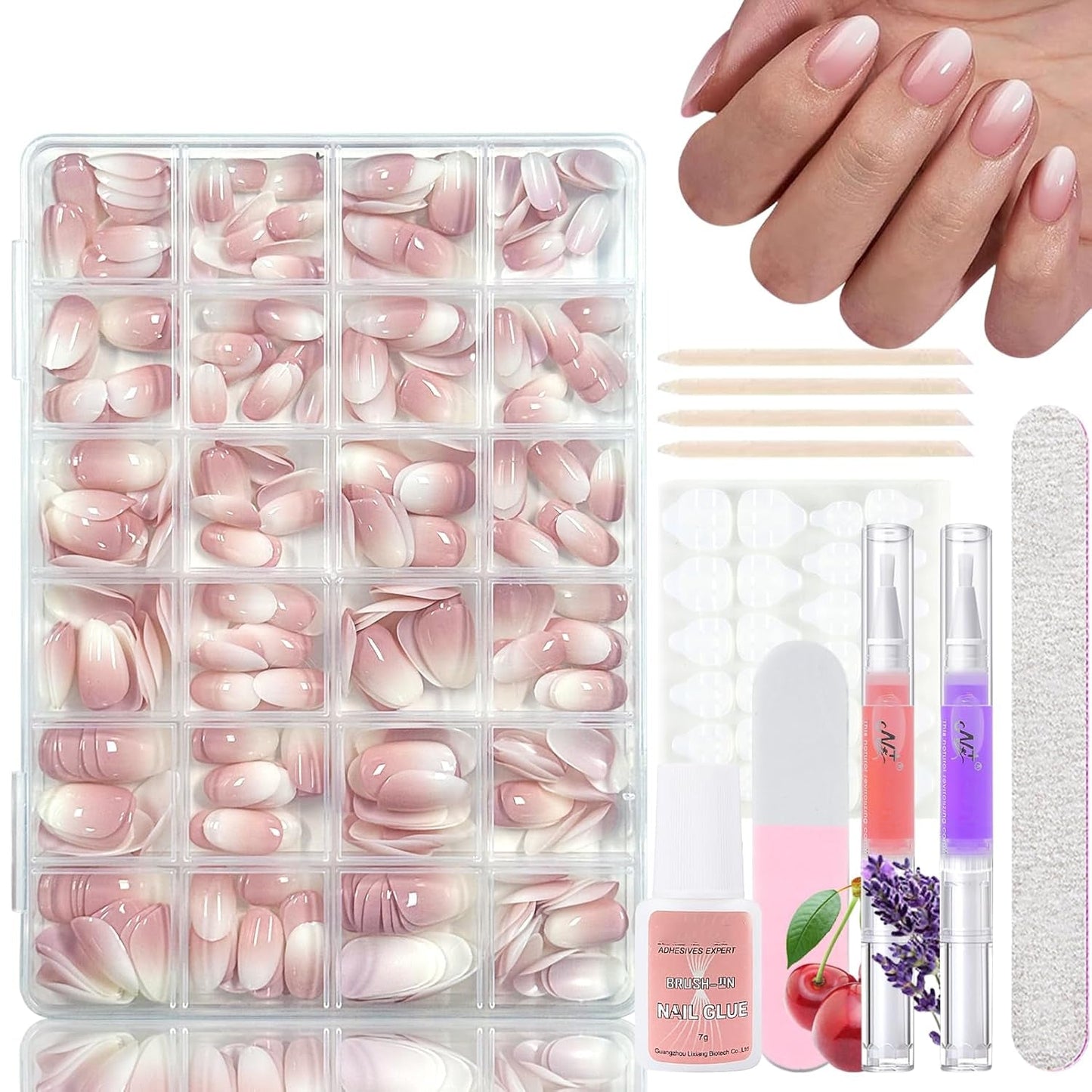 360-teiliges Ballerina-Kunstnägel-Set mit Farbverlauf, rosa-weißer Farbverlauf zum Aufkleben, künstliche Nägel mit 2 Nagelölstiften, mittlere künstliche Nägel im Ombré-Stil für Frauen zum Selbermachen