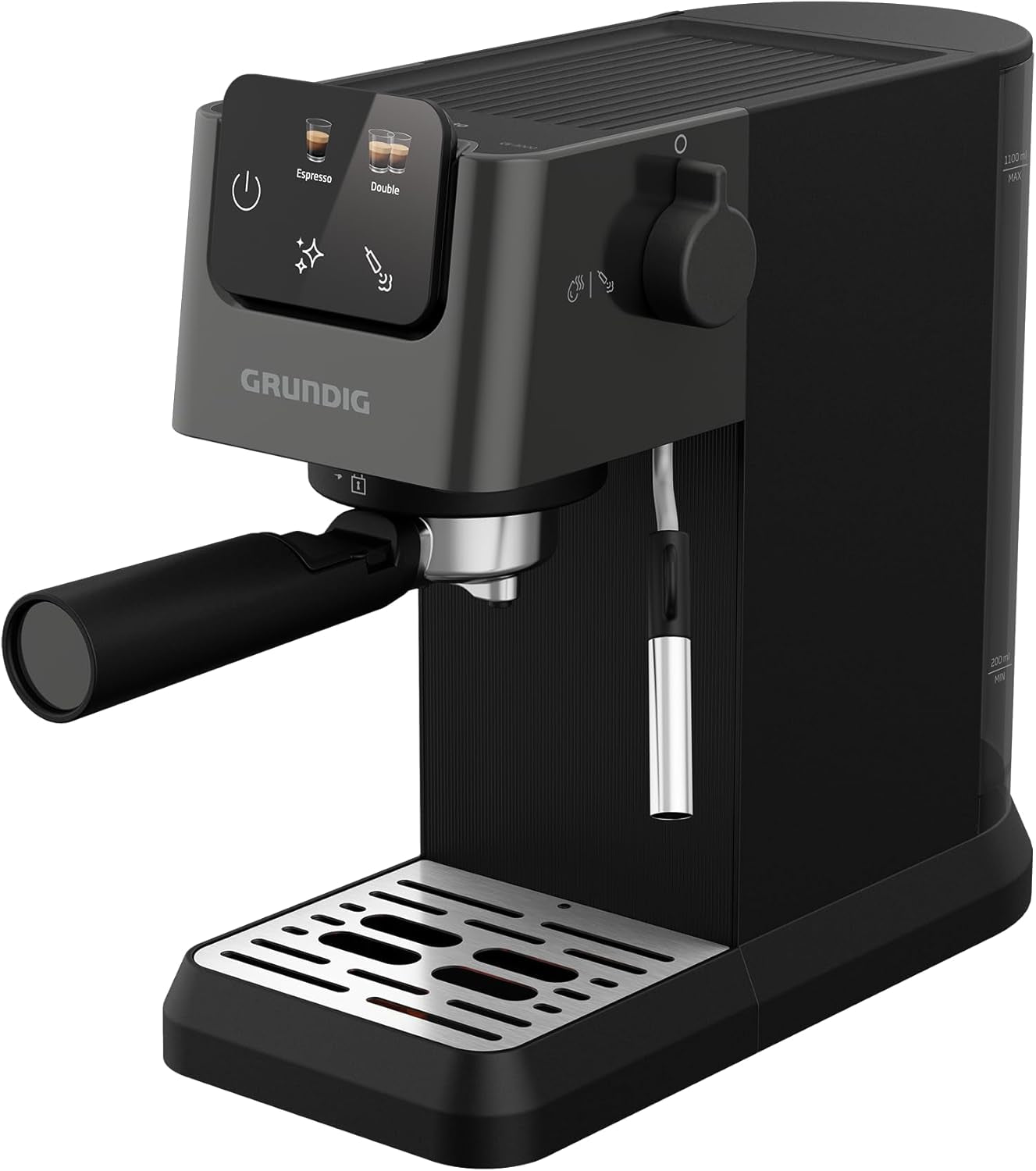 Siebträger-Espressomaschine GRUNDIG KSM 5330 mit integriertem Milchbehälter, Leistung 1628 W, Pumpendruck 15 bar, Doppeldüse, farbiges Touch-Display, BrewSense, CreamyPro, Edelstahl dunkel/Schwarz