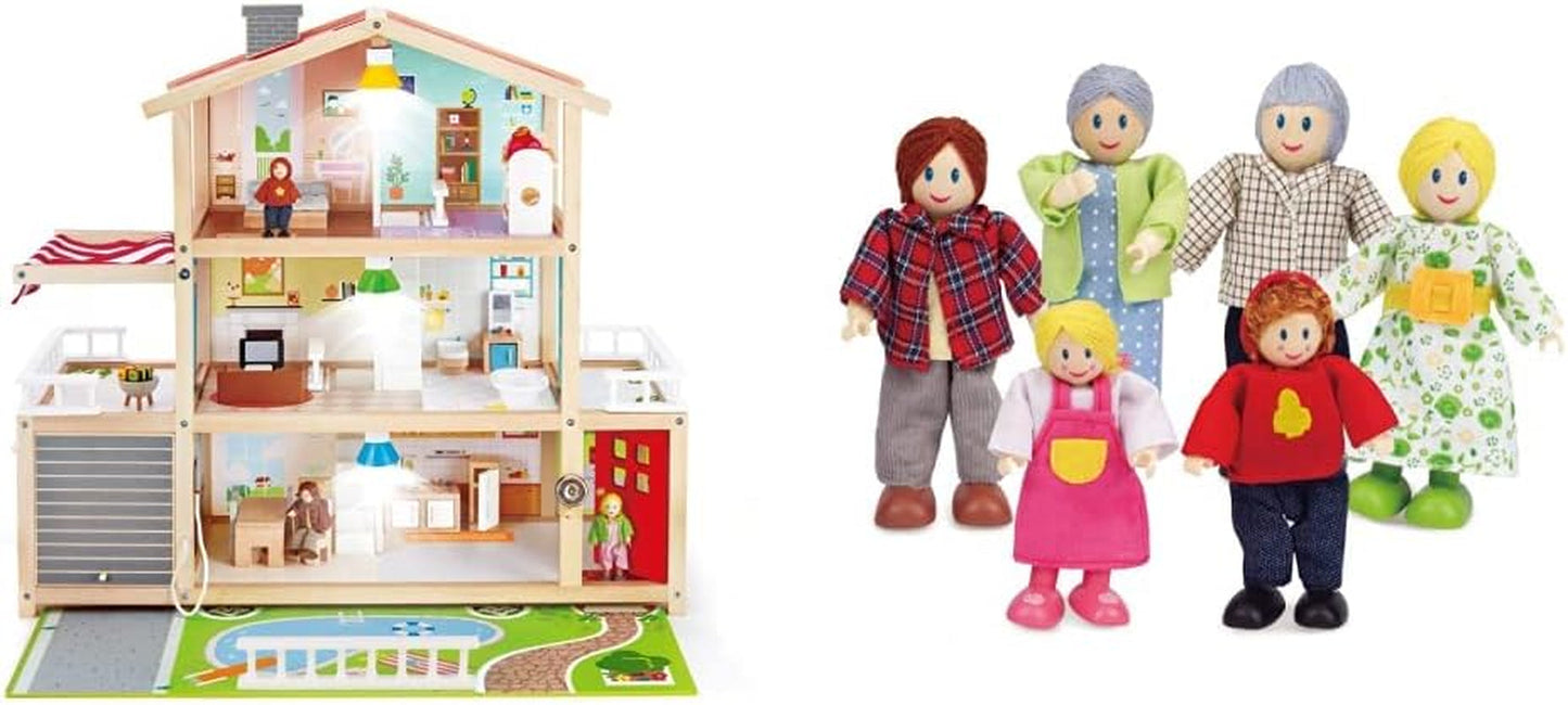 E3405 – Puppenhaus, Puppenhaus mit Zubehör, Holz und E3500 – Puppenfamilie, helle Haut