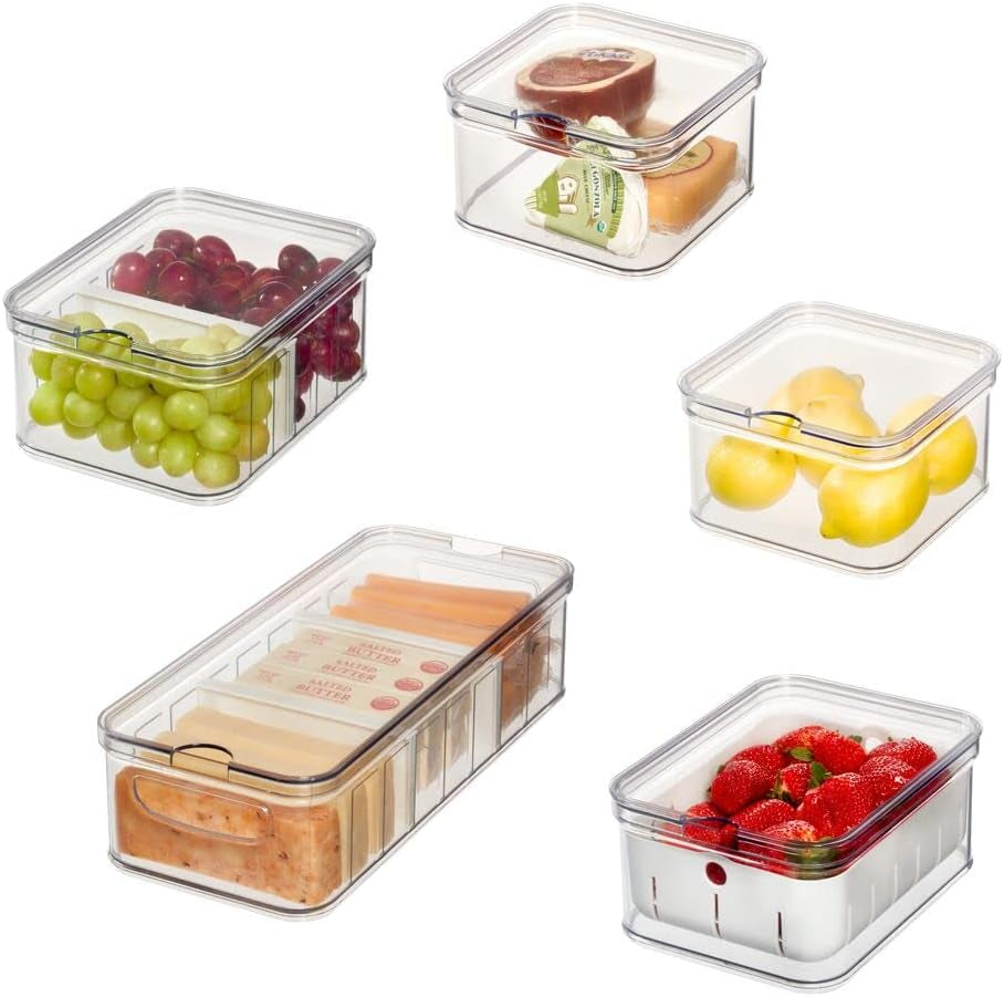 iDesign Aufbewahrungsboxen, Kühlschrank-Organizer mit Deckel im 5er-Set, Frischhalteboxen aus recyceltem Kunststoff zum Organisieren von Verbrauchsmaterialien, durchsichtig und weiß Naty Shop Frischhalteboxen transparent, weiß, 5er-Set