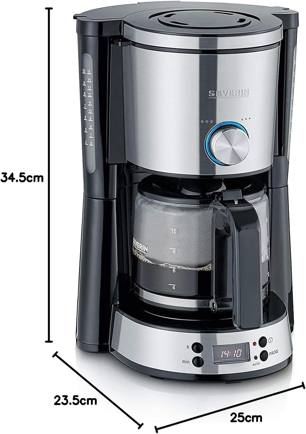 SEVERIN Espressomaschine „TypeSwitch“ mit Glaskaraffe und Timer, AromaSwitch zur Auswahl von 2 Brühoptionen, Digitaluhr mit Timerfunktion, für bis zu 10 Tassen, 1000 W, Edelstahl gebürstet-schwarz, KA 4826
