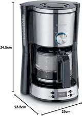 SEVERIN Espressomaschine „TypeSwitch“ mit Glaskaraffe und Timer, AromaSwitch zur Auswahl von 2 Brühoptionen, Digitaluhr mit Timerfunktion, für bis zu 10 Tassen, 1000 W, Edelstahl gebürstet-schwarz, KA 4826