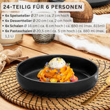 SÄNGER Madeira | 24-teiliges Kombi-Geschirrset, Steinzeug-Geschirrset für 6 Personen, 6 Speiseteller, 6 Frühstücksteller, 6 Speiseteller, 6 Nudelschalen, Geschirr- und Schüsselset, Mattschwarz | DIE VALUE-KOLLEKTION