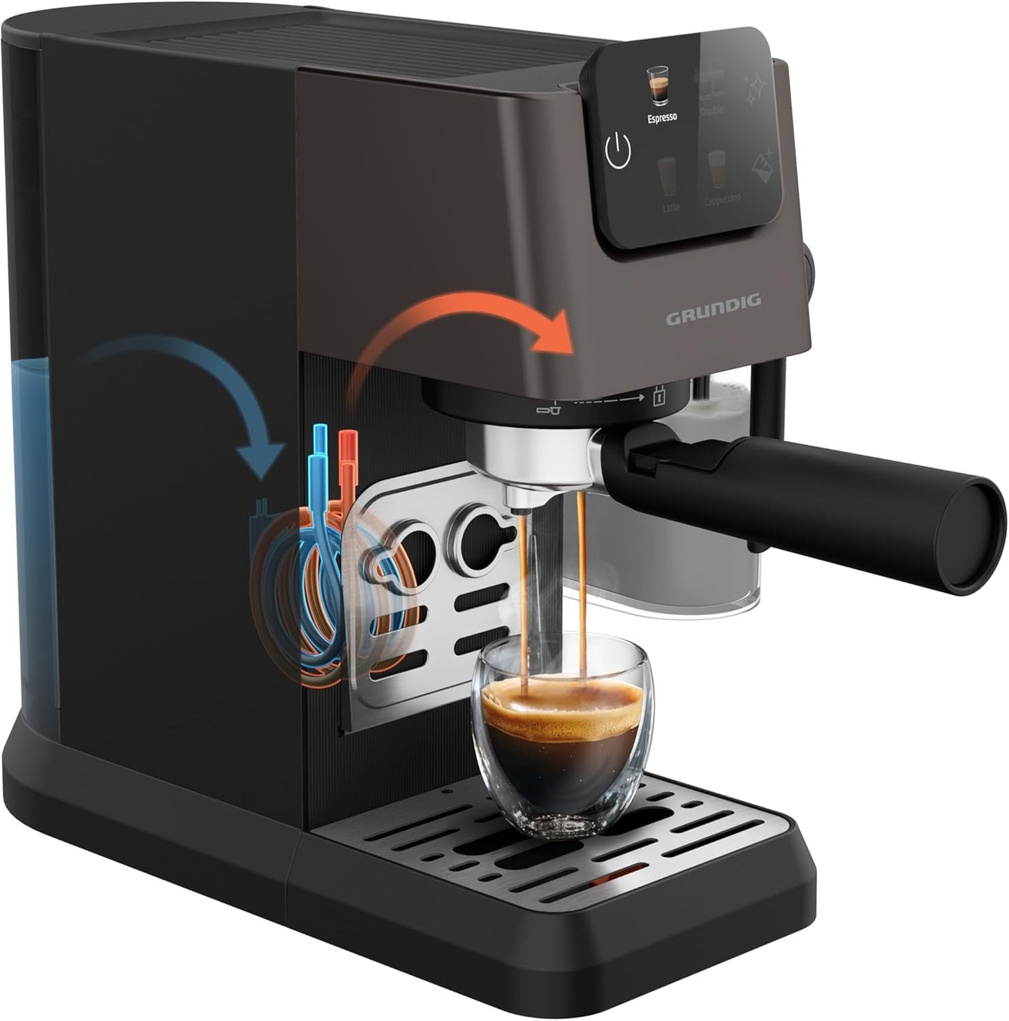 Siebträger-Espressomaschine GRUNDIG KSM 5330 mit integriertem Milchbehälter, Leistung 1628 W, Pumpendruck 15 bar, Doppeldüse, farbiges Touch-Display, BrewSense, CreamyPro, Edelstahl dunkel/Schwarz