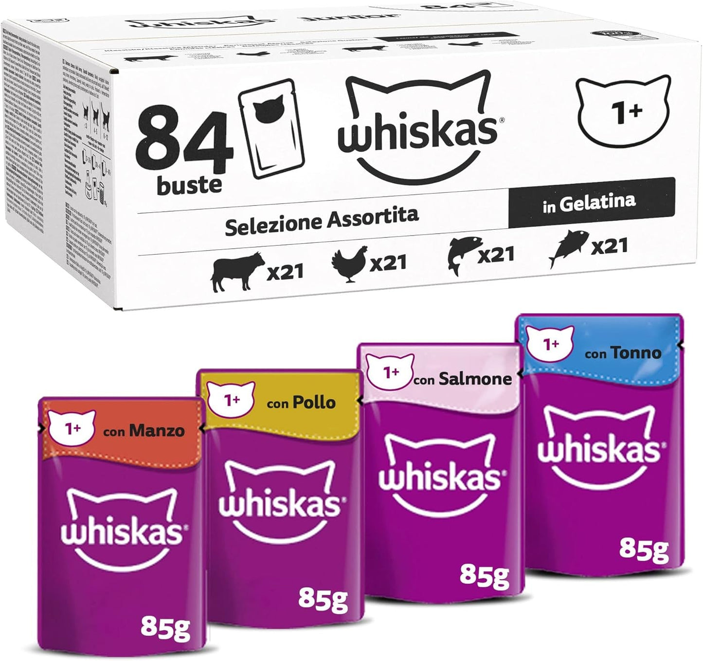 Whiskas Adult Nassfutter 1+ Gemischte Auswahl in Gelee, 84 Beutel, 84 x 85 g (1 Großpackung) – Hochwertiges Nassfutter für erwachsene Katzen