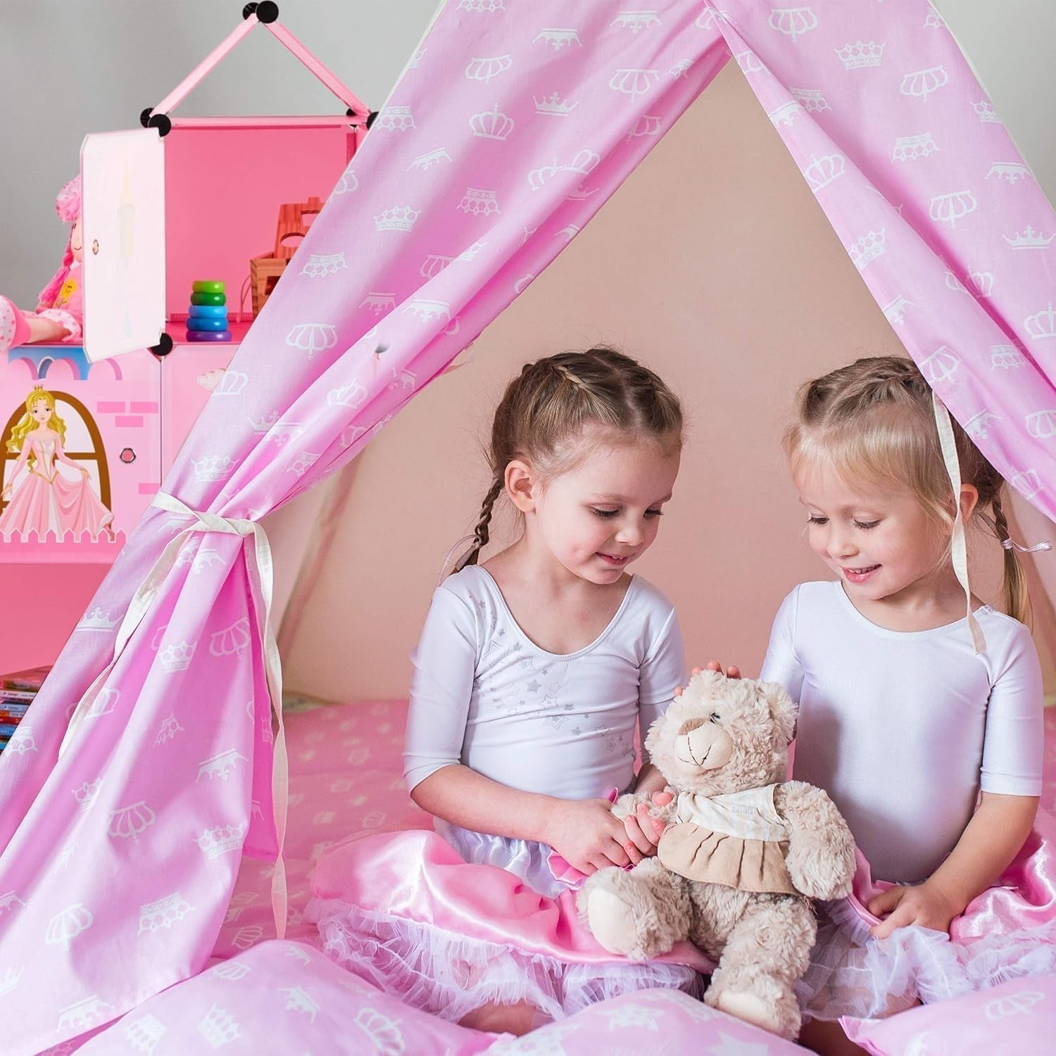 Relaxdays Kinderzimmerregal, Prinzessinnenschloss, Kunststoff, DIY-Schrank mit Türen, HBT: 128 x 110 x 37 cm, rosa Naty Shop Puppenhäuser
