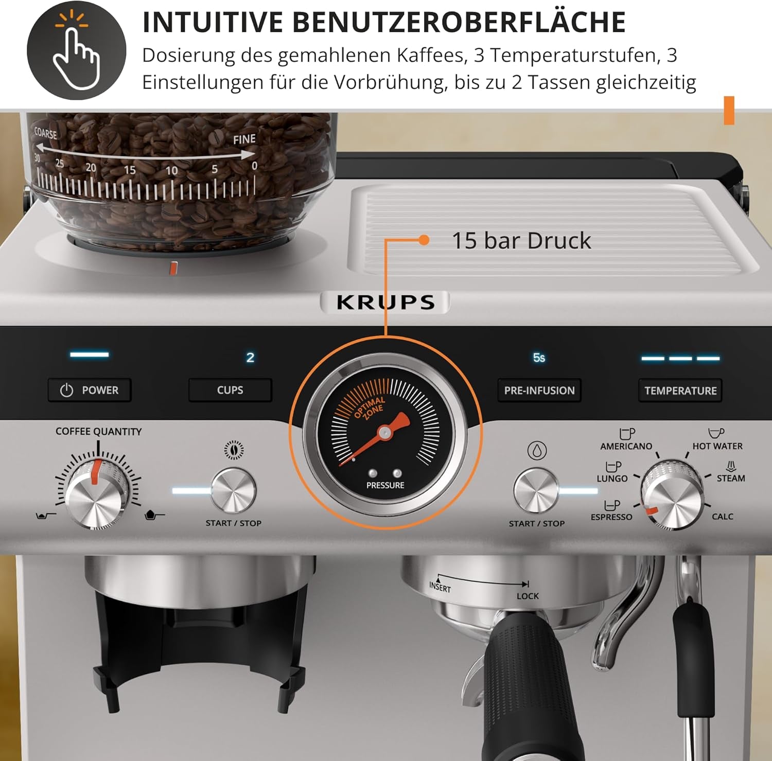 Krups Precision manuelle Espressomaschine mit Siebträger und Mahlwerk, Barista-Kaffeemaschine mit intuitivem Bedienfeld, Vorbrüheinstellungen, Espressomaschine mit Dampfdüse, schnelles Aufheizen, XP801T10