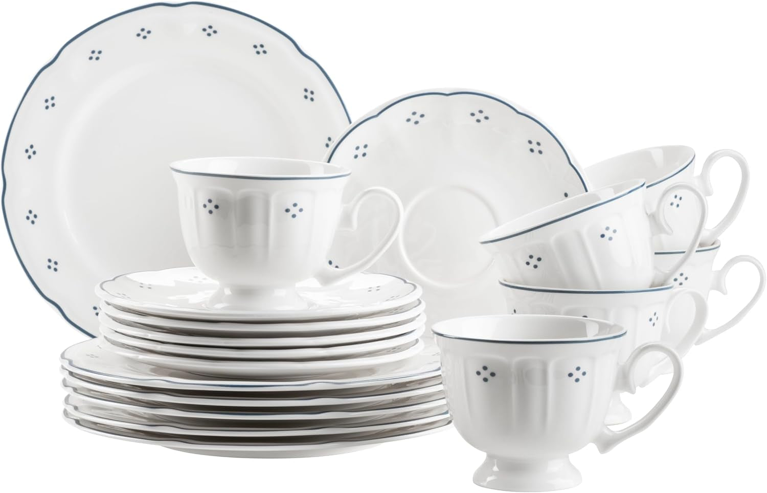 Mäser Lova Serie 18-teiliges Kaffeeservice aus Porzellan – 6 Dessertteller (19,5 cm), 6 Tassen (19 cl) und 6 Untertassen (15,5 cm), Blau