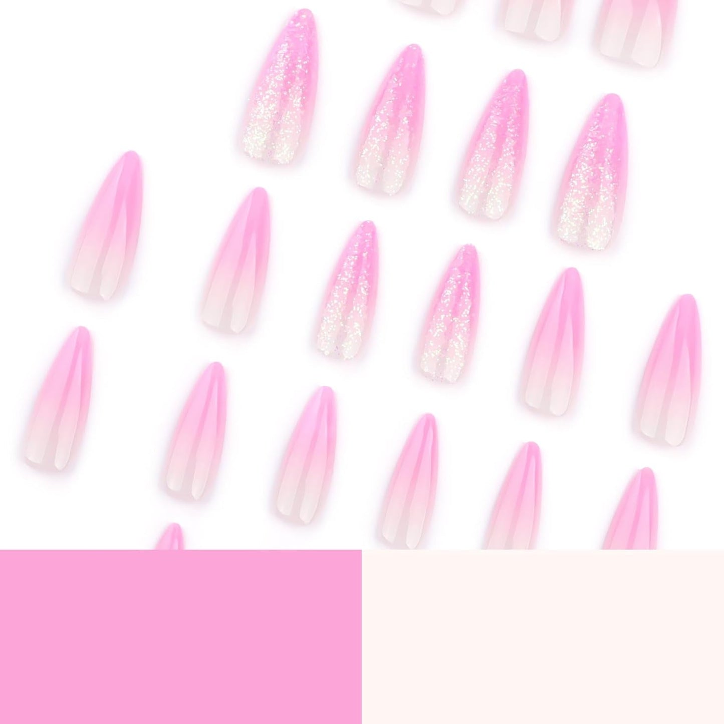 Moonglow Lange Nägel Stiletto Milchweiß Rosa Farbverlauf Glitzer Coole künstliche Nägel mit Kleber Rosa Ombre Glitzer Künstliche Nägel