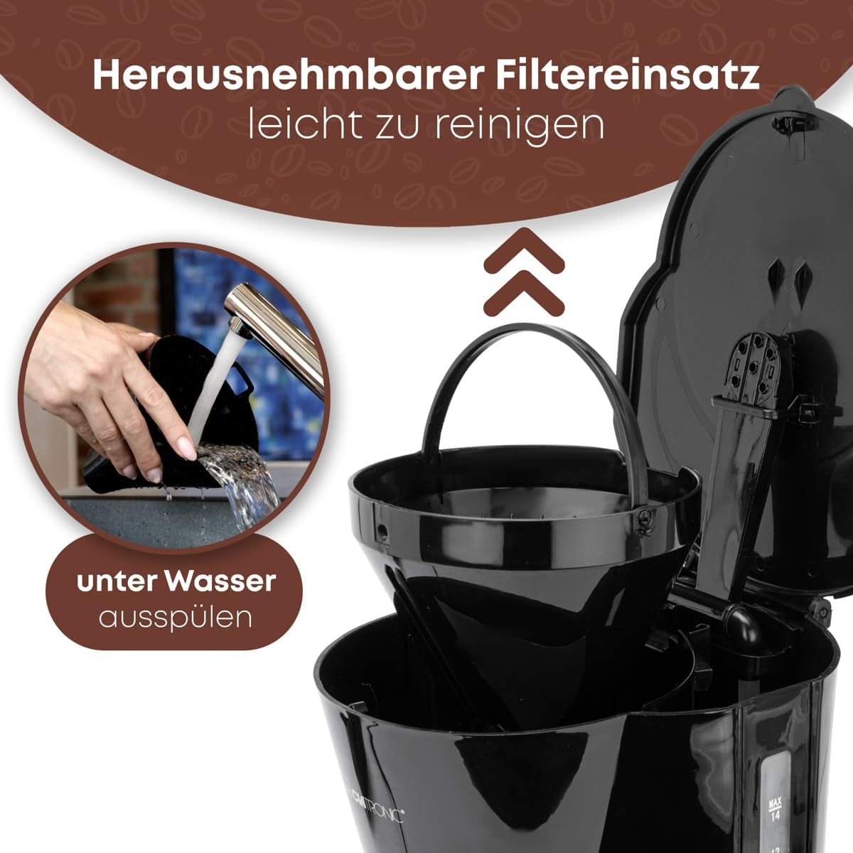 Clatronic® Espressomaschine | Automatische Espressomaschine für 12-14 Tassen (ca. 1,5 Liter) | Espressomaschine mit Filter und Anti-Tropf-System | 900W | Espressor KA 3473 Schwarz