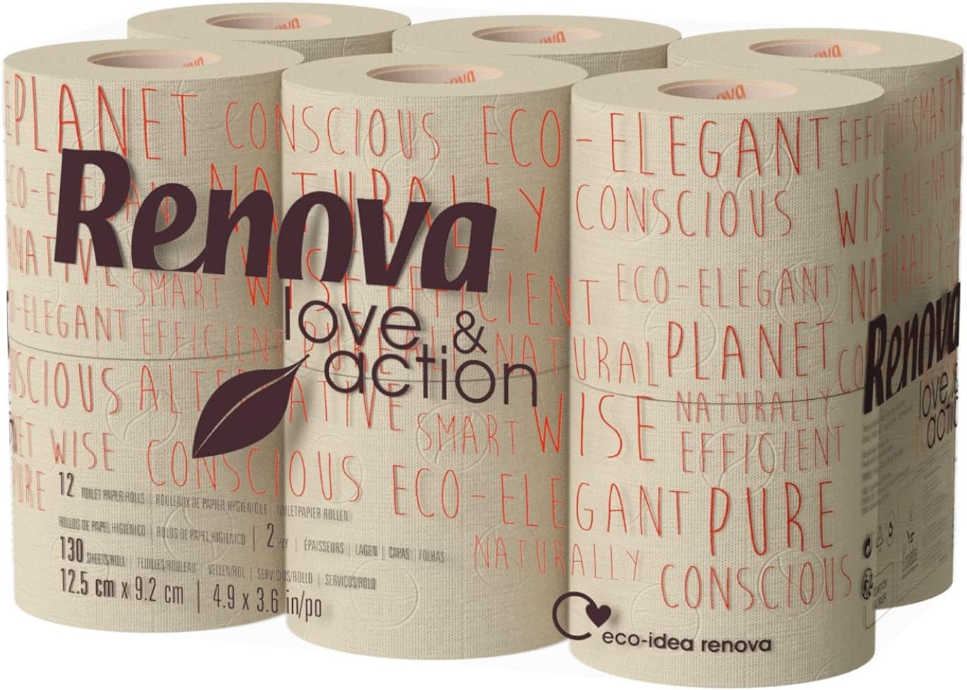 Toilettenpapier Renova Love & Action, Beiger Paket 9 x 12 Rollos-: 108