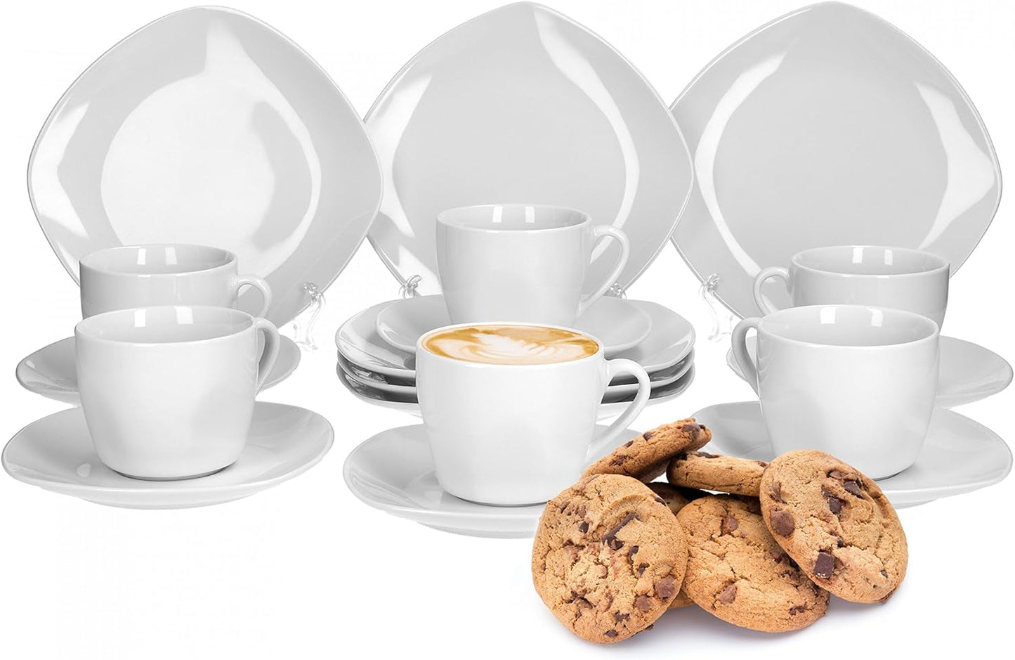 Van Well Lilli Kaffeeservice für 12, 36-teiliges quadratisches weißes Porzellan-Geschirrset mit gebogenen Kanten für einen perfekt arrangierten Couchtisch – spülmaschinenfest