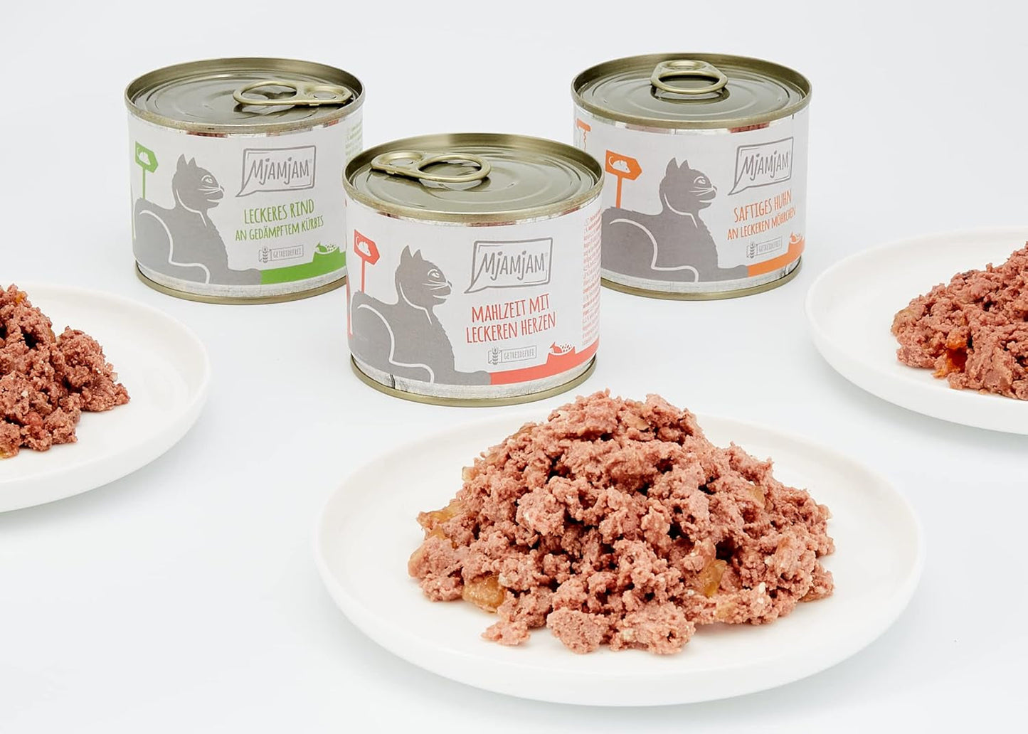 MjAMjAM – Premium-Nassfutter für Katzen – Mischpackung I – Huhn, Rind, Herzen, 6er-Pack (6 x 200 g), getreidefrei mit extra Fleisch