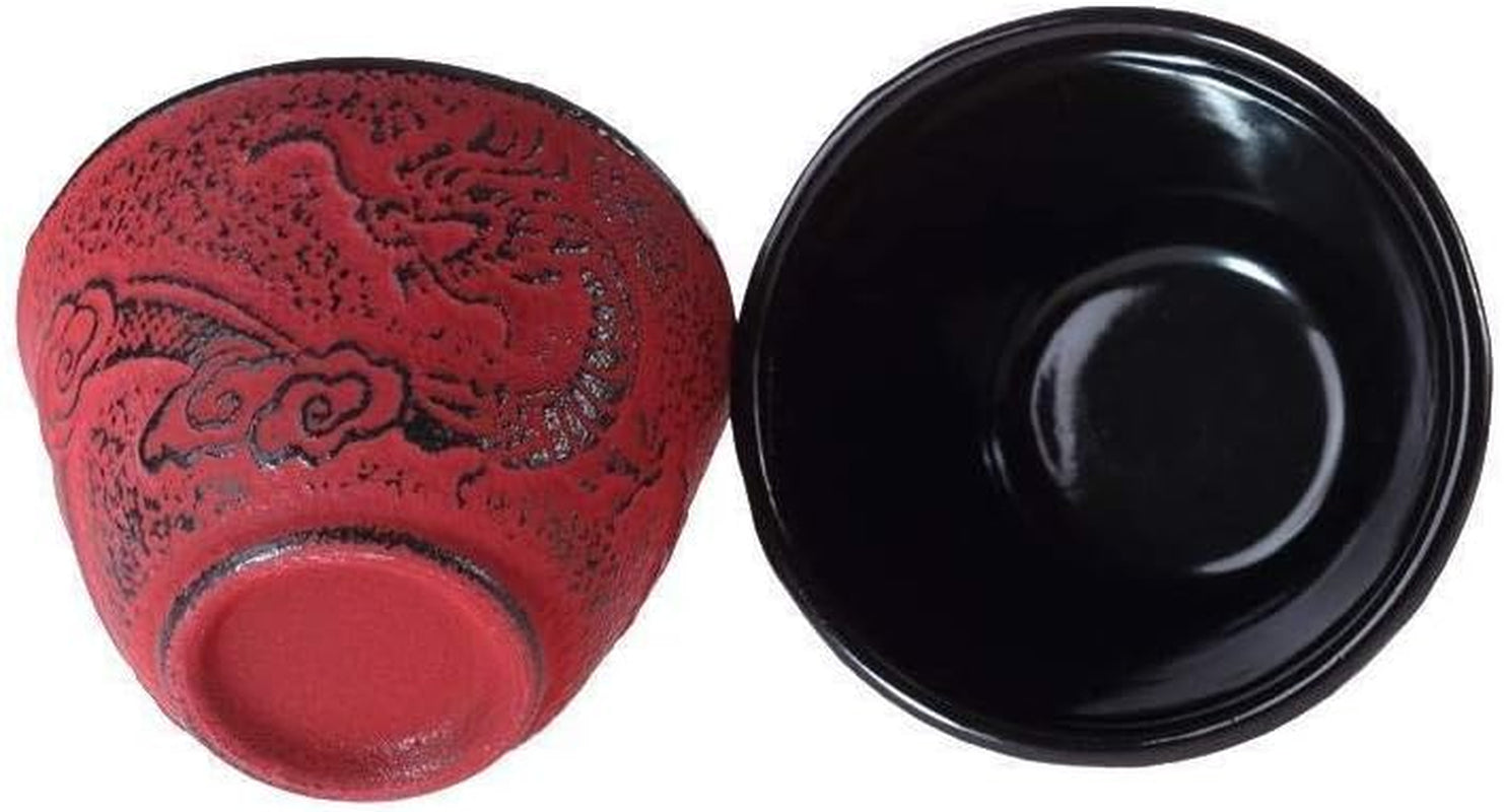 – Chinesisches Drachen-Teeservice – 1 Teekanne, 4 Tassen aus Gusseisen und Teesieb – Fassungsvermögen 0,8 l – japanisches asiatisches Dekor – Geschenkidee für japanisches Geschirr – Farbe Rot