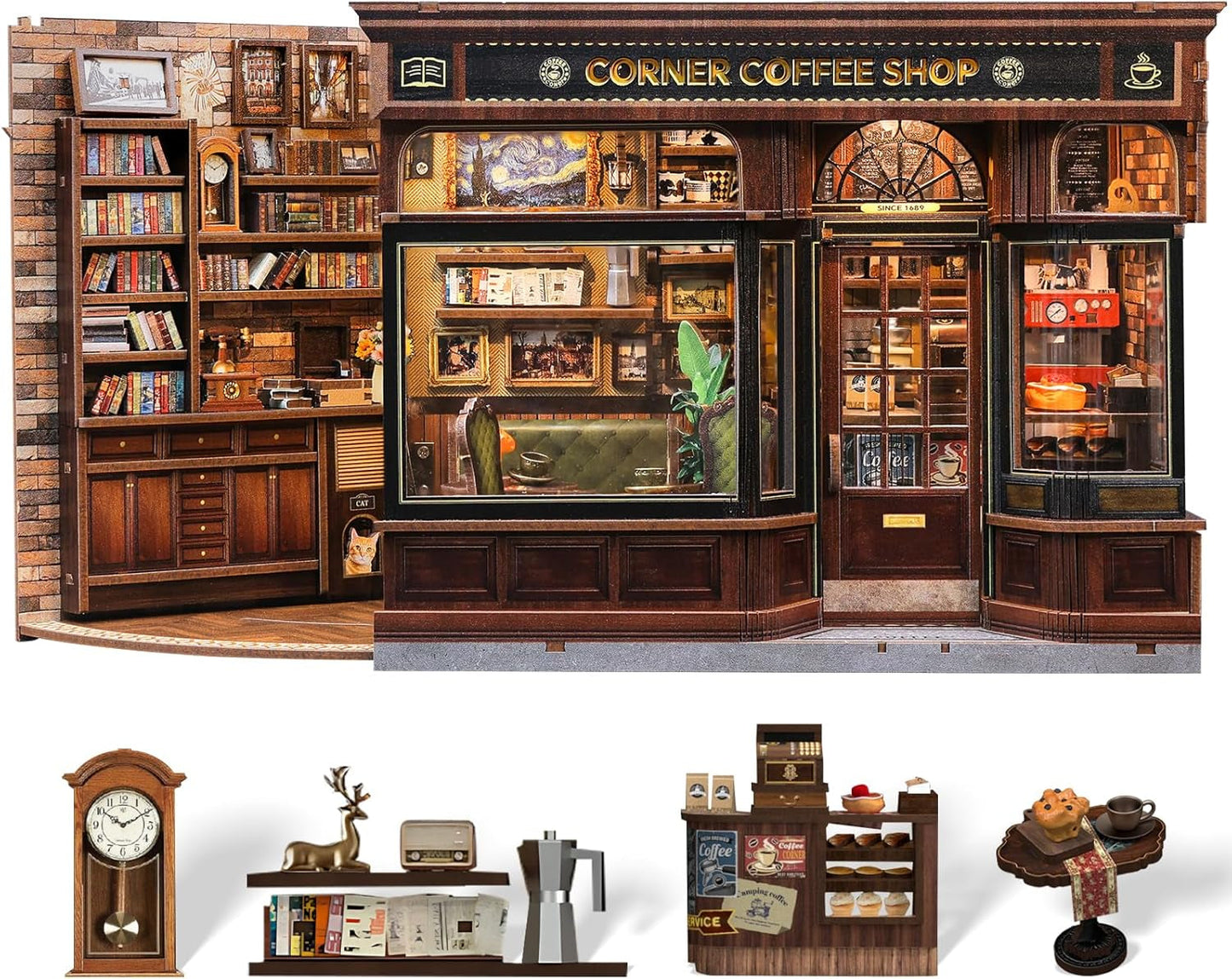 CUTEBEE Bücherecken-Set – DIY-Puppenhäuser, LED-beleuchtetes Miniaturhaus-Bauset für Erwachsene, 3D-Holzpuzzle und Bücherständer – Bücherregal-Dekoration und Geschenk (Eckcafé)