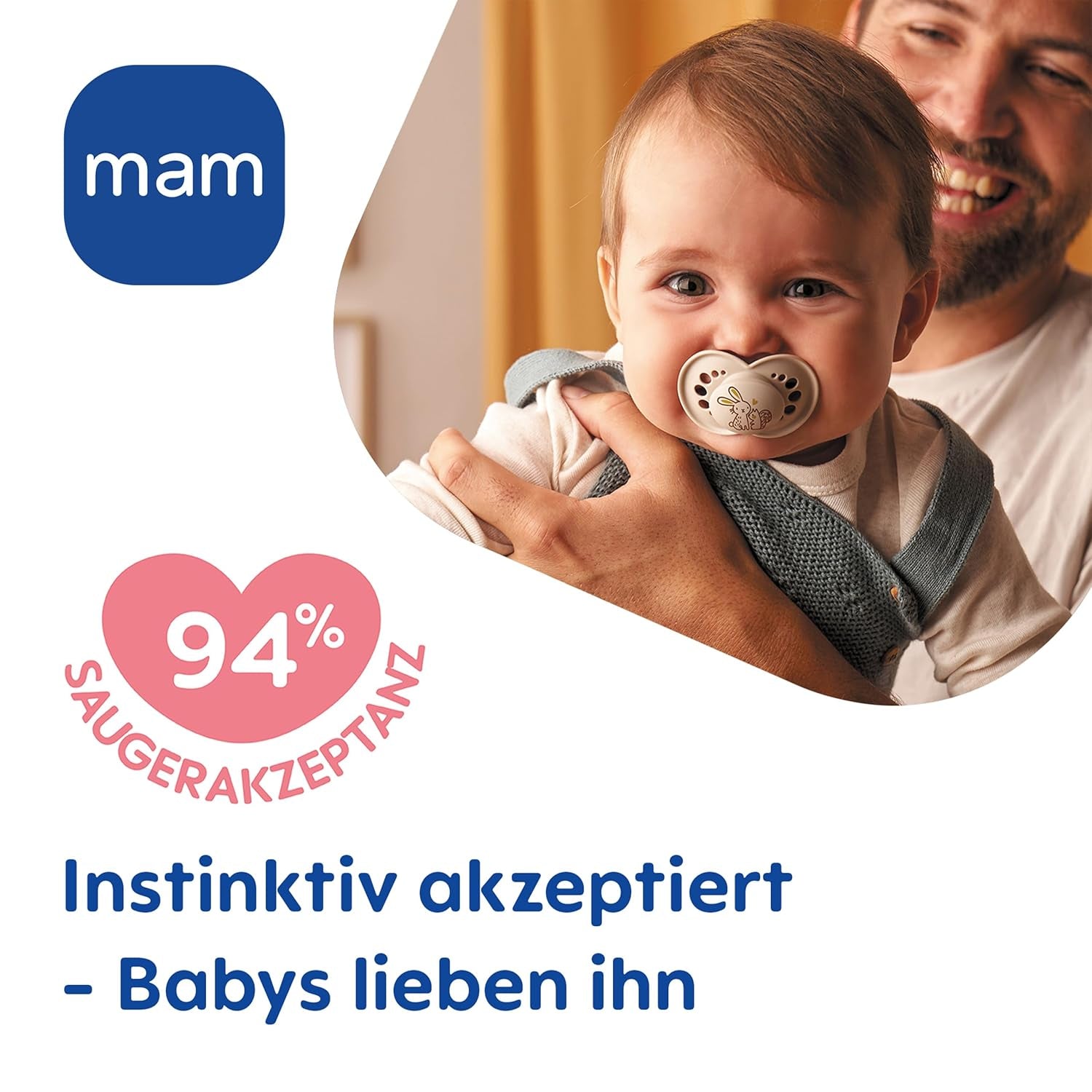 MAM Original Schnuller, 2er-Pack, zahnfreundliche Babyschnuller, aus nachhaltigen und bioregenerierbaren Materialien, MAM SkinSoft Silikonsauger, mit Schnullerbox, 6-16 Monate, Wolf/Kaninchen