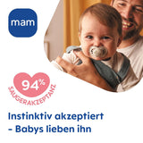 MAM Original Schnuller, 2er-Pack, zahnfreundliche Babyschnuller, aus nachhaltigen und bioregenerierbaren Materialien, MAM SkinSoft Silikonsauger, mit Schnullerbox, 6-16 Monate, Grün/Beige