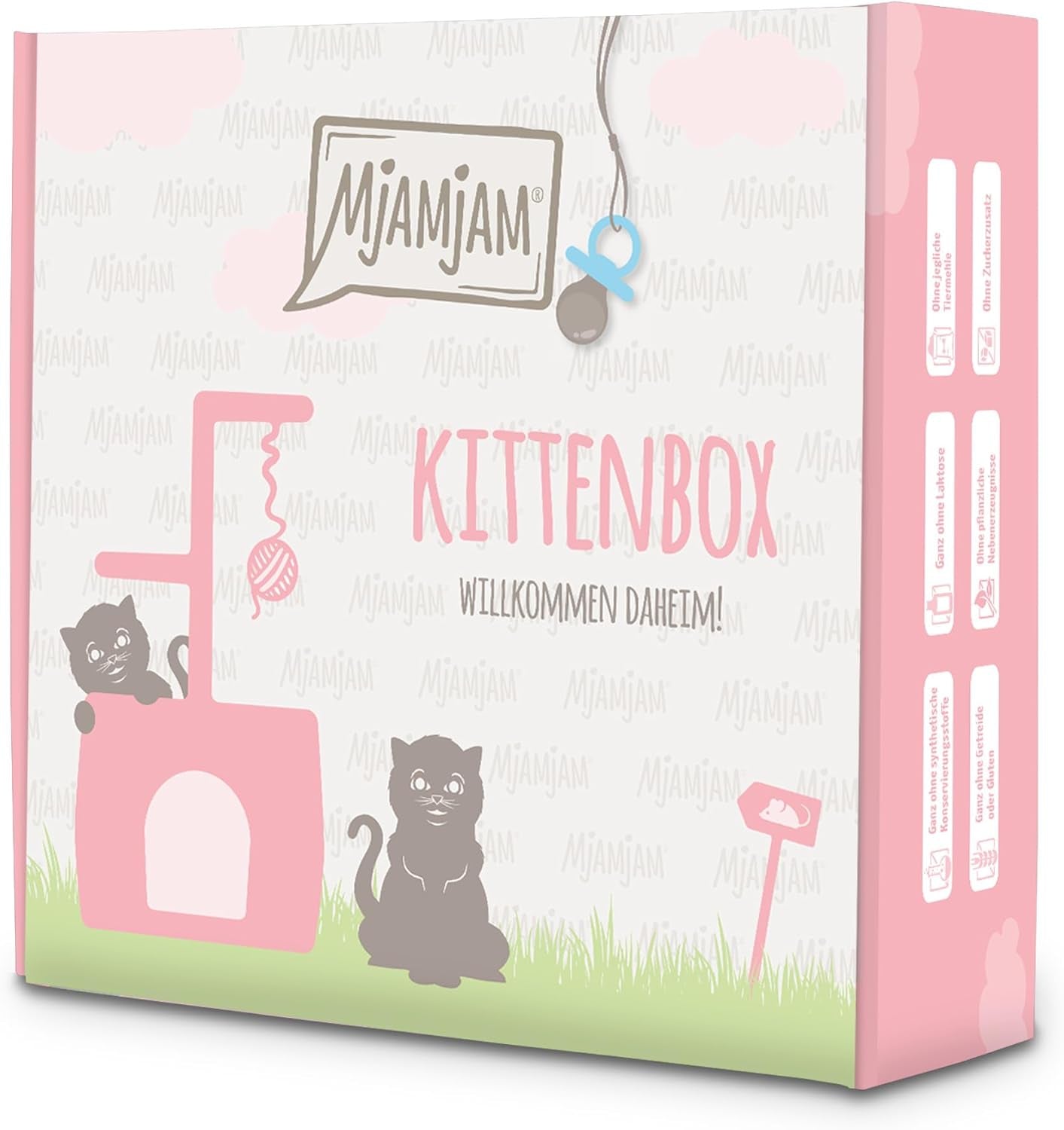 MjAMjAM – Premium Nassfutter für Katzen – Kätzchen-Box – 3x Lachsöl-Huhn und 3x Lachsöl-Kalbfleisch, Futterbeutel, Stift, Boxdeckel, 6er-Pack (6 x 200 g)