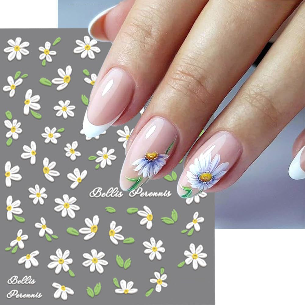 5D geprägte weiße Gänseblümchen-Nagelaufkleber, Blumen, Nagelaufkleber, Blumen, Folie, selbstklebende Aufkleber, Nagelkunstaufkleber, Gänseblümchen, Nageldekorationszubehör, Blumendesign-Aufkleber, Nagelkunst