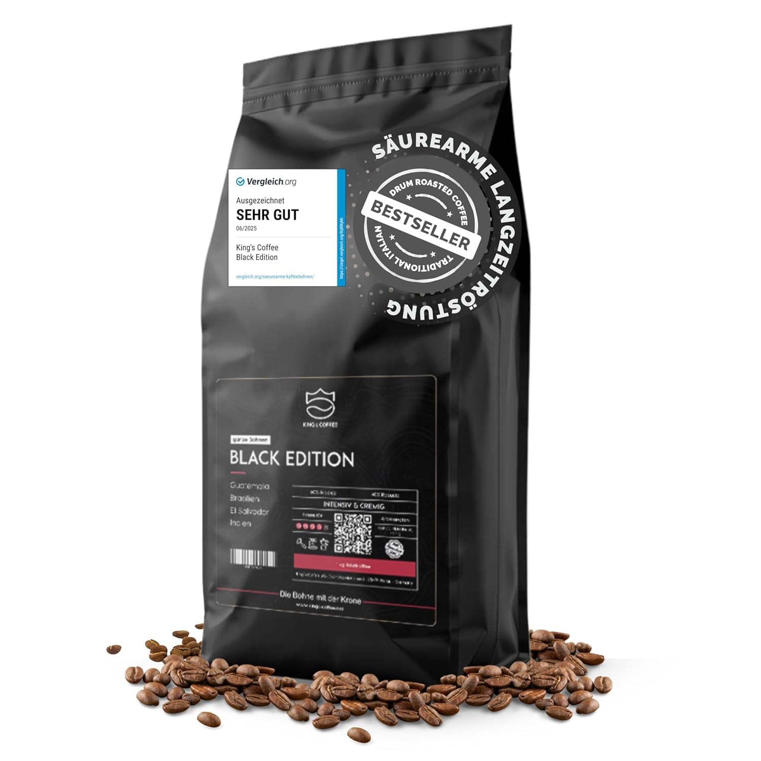 KING'S COFFEE – BLACK EDITION – 1 kg intensive, cremige Kaffeebohnen – Kaffee mit geringem Säuregehalt – Kleinserienröstung aus Italien – Starke Arabica-Espressobohnen (Mischung) für Vollautomaten und Siebträgermaschinen