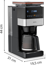 KRUPS Grind Aroma XL Espressokocher, abnehmbares konisches Mahlwerk, digitales Bedienfeld, XL-Kapazität (1,5 l), Warmhaltefunktion, Glaskaraffe, Schwarz/Edelstahl, KM842810