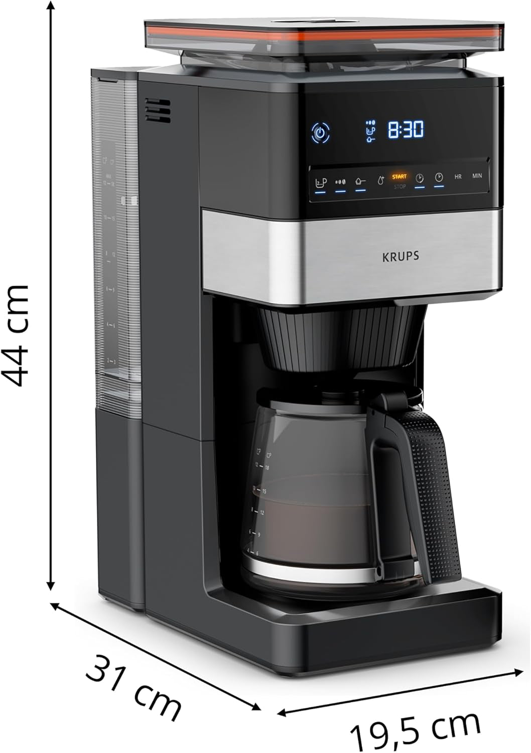 KRUPS Grind Aroma XL Espressokocher, abnehmbares konisches Mahlwerk, digitales Bedienfeld, XL-Kapazität (1,5 l), Warmhaltefunktion, Glaskaraffe, Schwarz/Edelstahl, KM842810