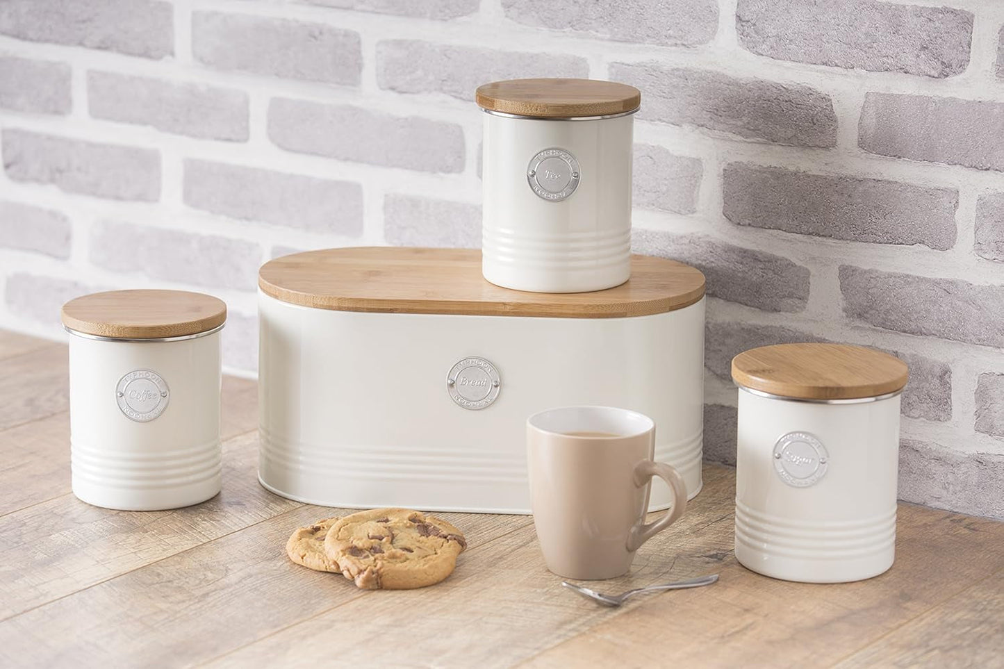 , Brotkorb „Living“ aus Edelstahl, cremefarben, mit Bambusdeckel, cremefarbene Aufbewahrungsboxen für Lebensmittel von Naty Shop