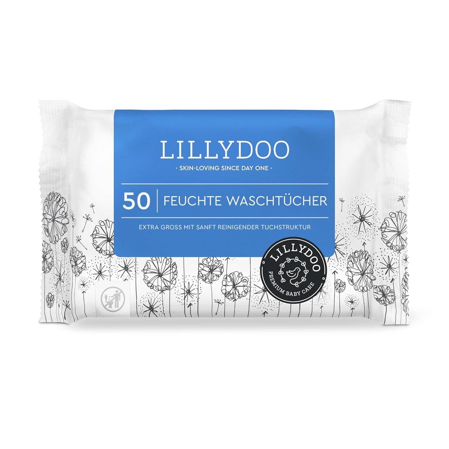 LILLYDOO Feuchttücher, 50 Stück, 100 % plastikfrei, extragroß, geruchsneutral