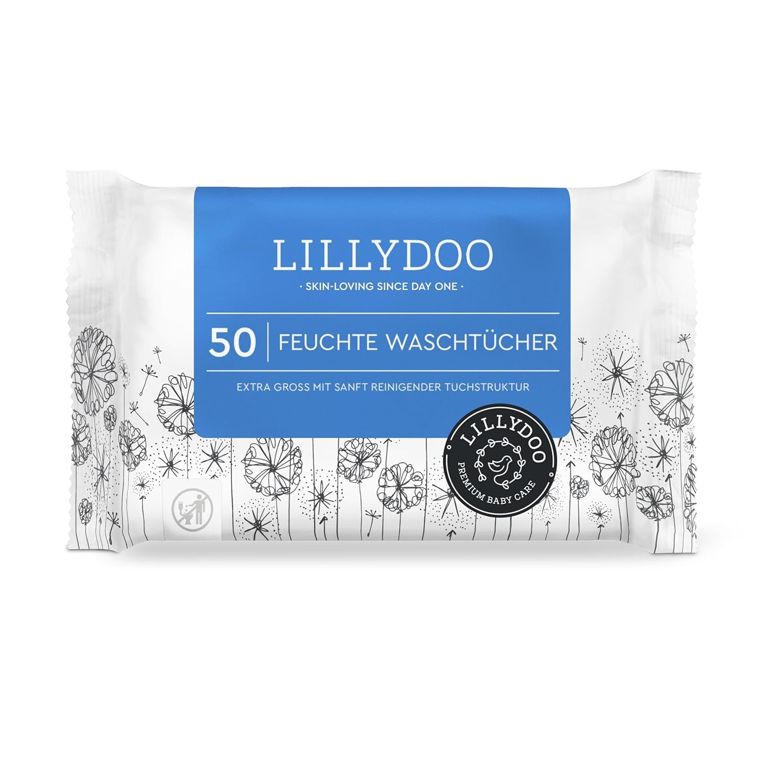 LILLYDOO Feuchttücher, 50 Stück, 100 % plastikfrei, extragroß, geruchsneutral