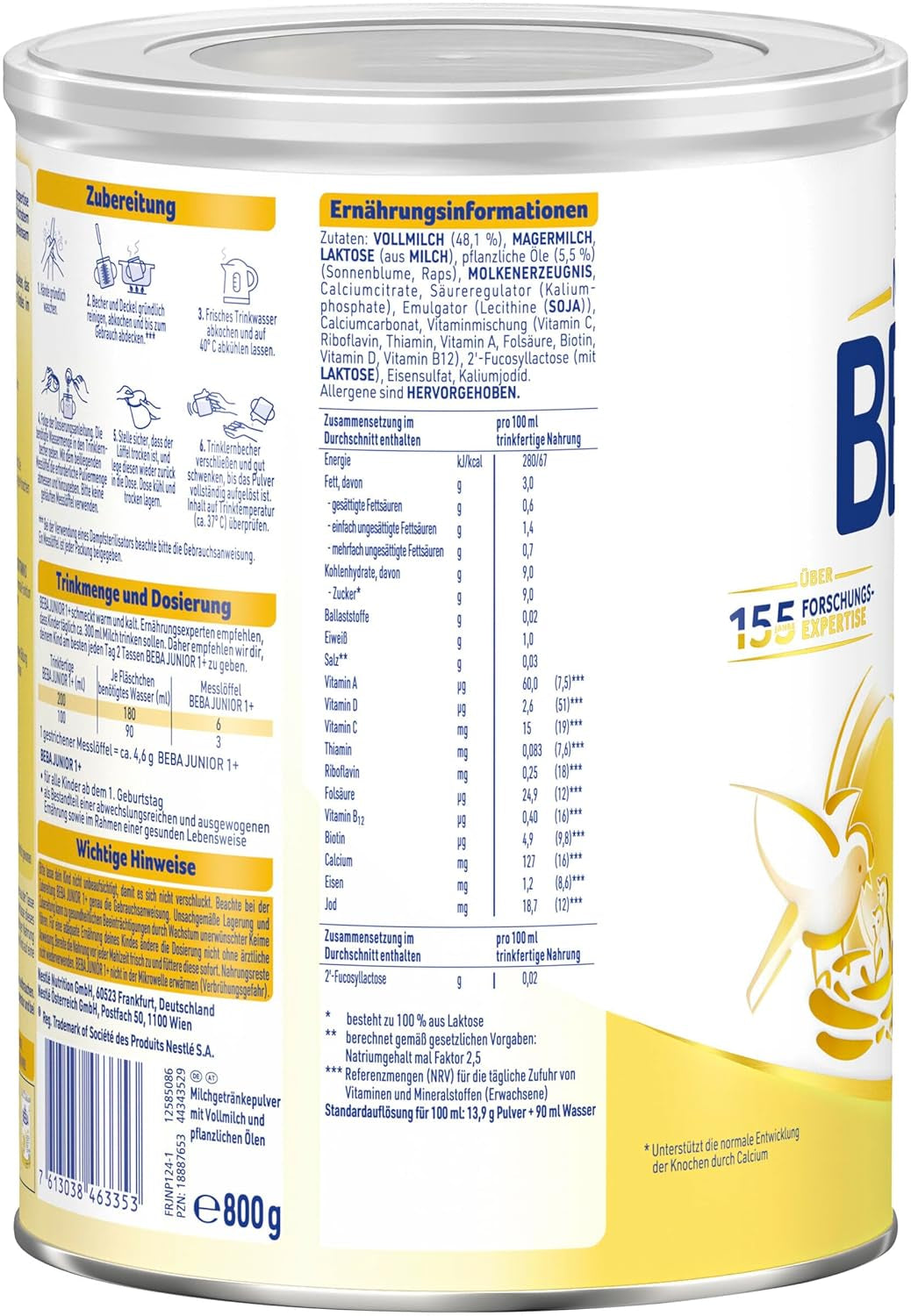 BEBA Junior 1+ Milchgetränk ab 1 Jahr, Mit HMO, Altersgerechter Proteingehalt, Nur Laktose, Ohne Palmöl, Ohne Fischöl, Kleinkindnahrung, Babymilchpulver, 3er Pack (3 x 800g)