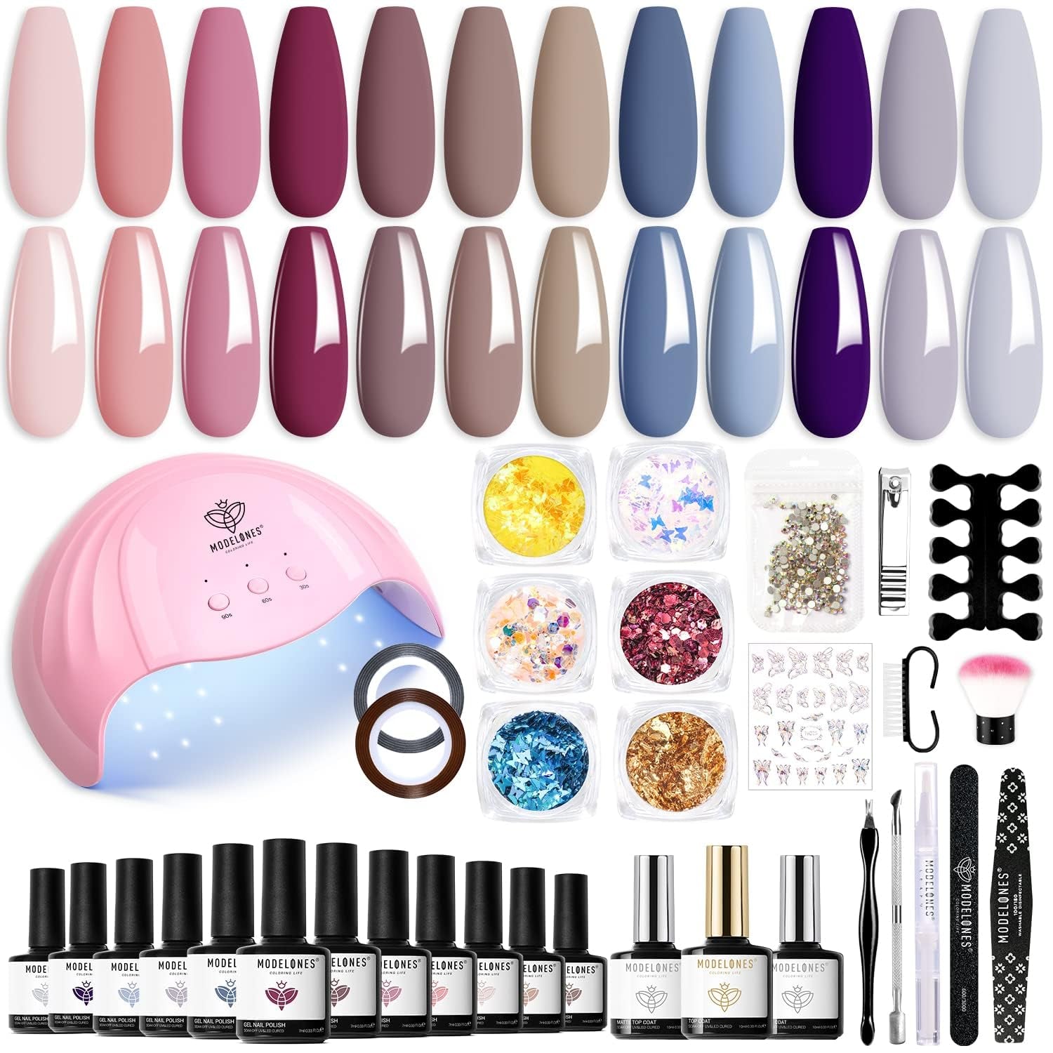 Modelones 35-teiliges Gel-Nagellack-Set, UV-Nagellack-Set mit 48-W-Lampe, Nude-Braun-Weiß-Rosa-Gel-Nagellack-Set, UV-Gel-Nagellack-Set mit Top Coat Base, Nagelstudio-Set