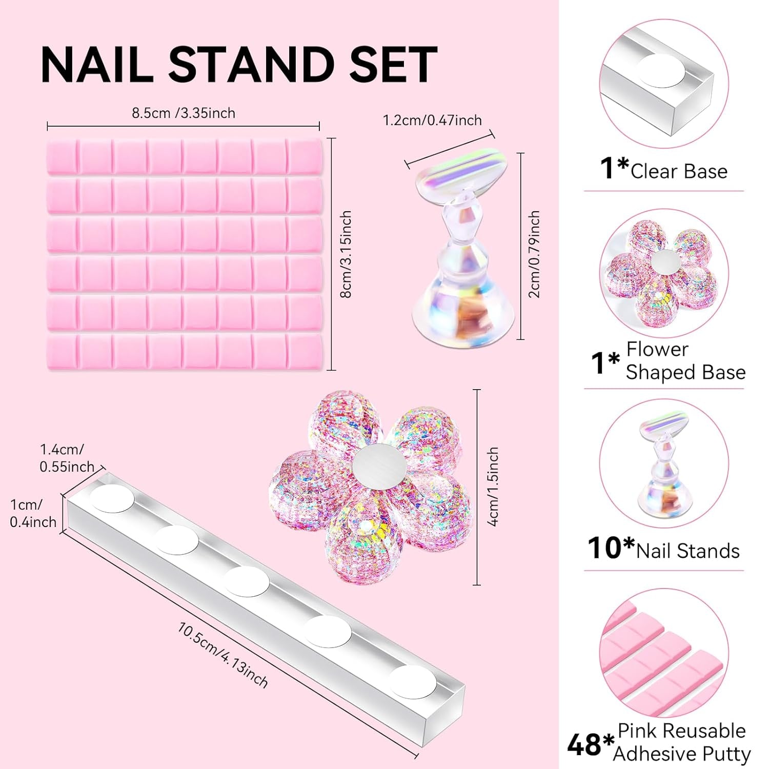 Makartt Acryl-Nagelhalter, magnetischer Nagelhalter, Nagelhalter, transparenter rosa Nagelhalter mit 48 Stück Klebemasse