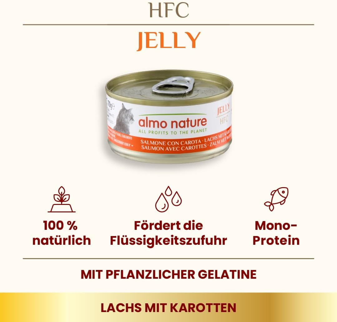 Almo Nature HFC Jelly – Nassfutter für erwachsene Katzen – Lachs und Karotten – menschliche Qualität, glutenfrei – 6 x 70 g