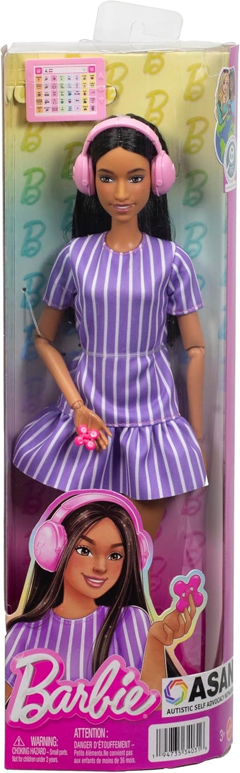 Barbie Fashionistas Puppe Nr. 245, autistische Puppe mit lila gestreiftem Kleid und Accessoires wie Fidget Spinner, Tablet und Kopfhörer, JJN58