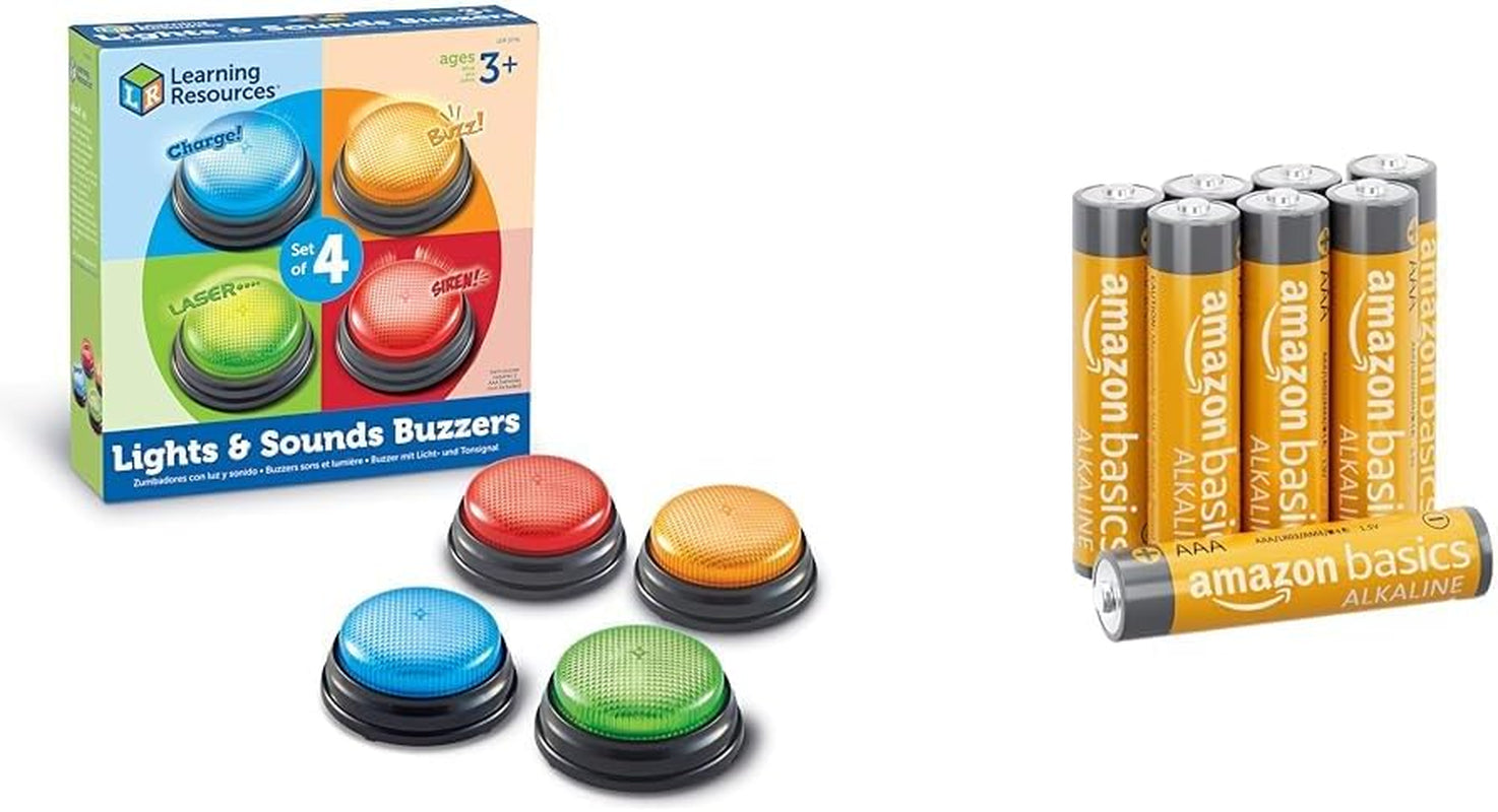 Learning Resources Light & Sound Buzzer Lernspiele ab 3 Jahren Kinderfragespielzeug mit 4 verschiedenen Sounds für Spieleabende und Klassenzimmer Bebe Naty Shop Spielzeug + Batterien 4er-Set