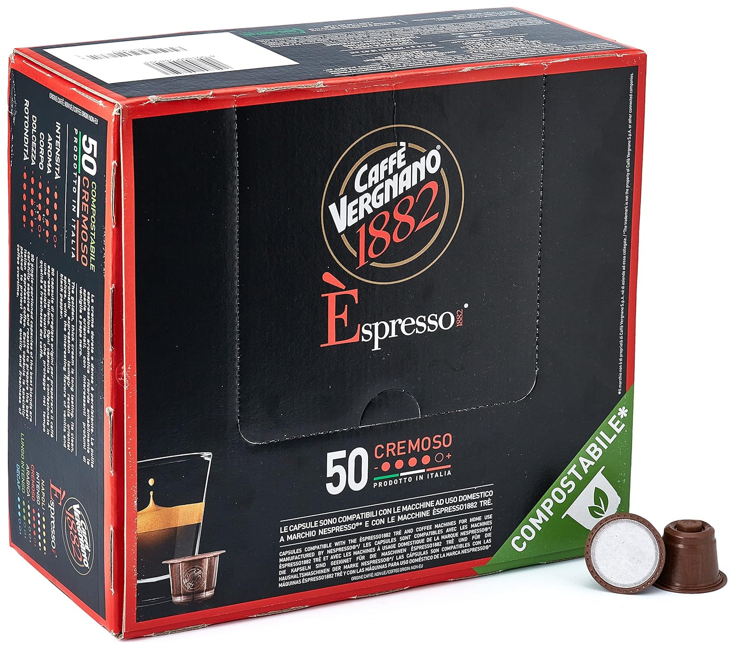 Caffè Vergnano 1882 – Èspresso kompostierbare Kaffeekapseln, kompatibel mit Nespresso, Cremoso (cremig) – Packung enthält 50 Kapseln