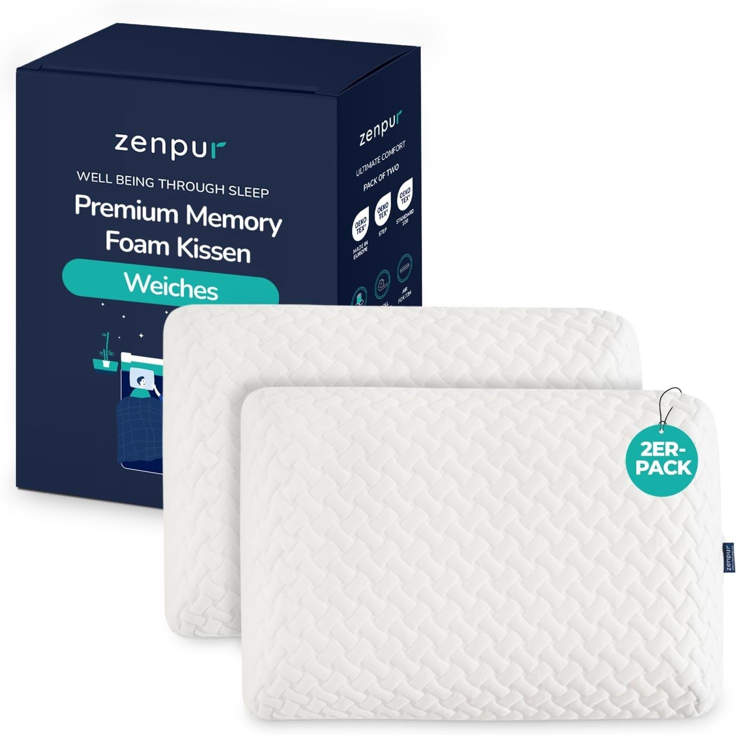ZenPur Orthopädisches Nackenkissen 40 x 60–13 cm, Kopfkissen aus Memory-Schaum – ergonomisches Schlafkissen für Nacken und Schultern, Öko-TEX-zertifiziert