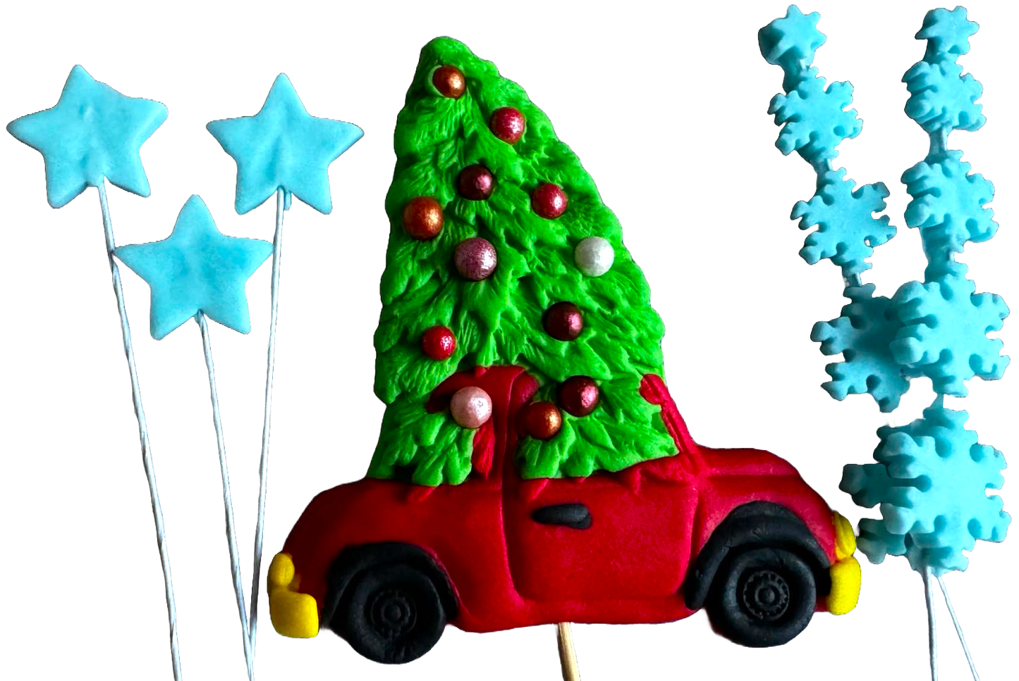 Set mit 6 essbaren Dekorationen aus Zuckerpaste, Weihnachten, Auto, Baum, Sterne und Schneeflocken. Dekorationen aus Zuckerpaste, Naty Shop