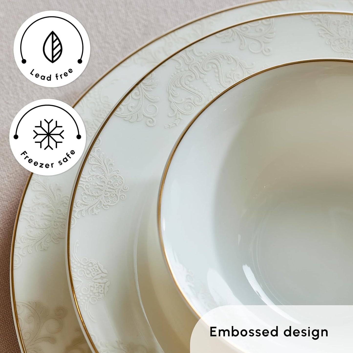 Karaca Elegance Bone Siena Geschirrset für 12 Personen, modernes Porzellangeschirrset, Geschirrset mit Suppenschüsseln, Servierplatte, tiefen Tellern, Desserttellern – Weiß und Gold