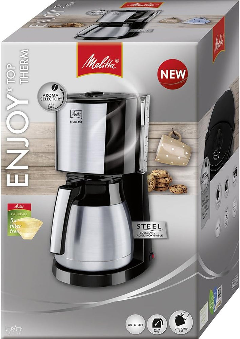 Melitta Enjoy Top Therm – Espressomaschine mit Filter und Thermokaraffe aus Edelstahl, für bis zu 10 Tassen Kaffee, Schwarz/Edelstahl
