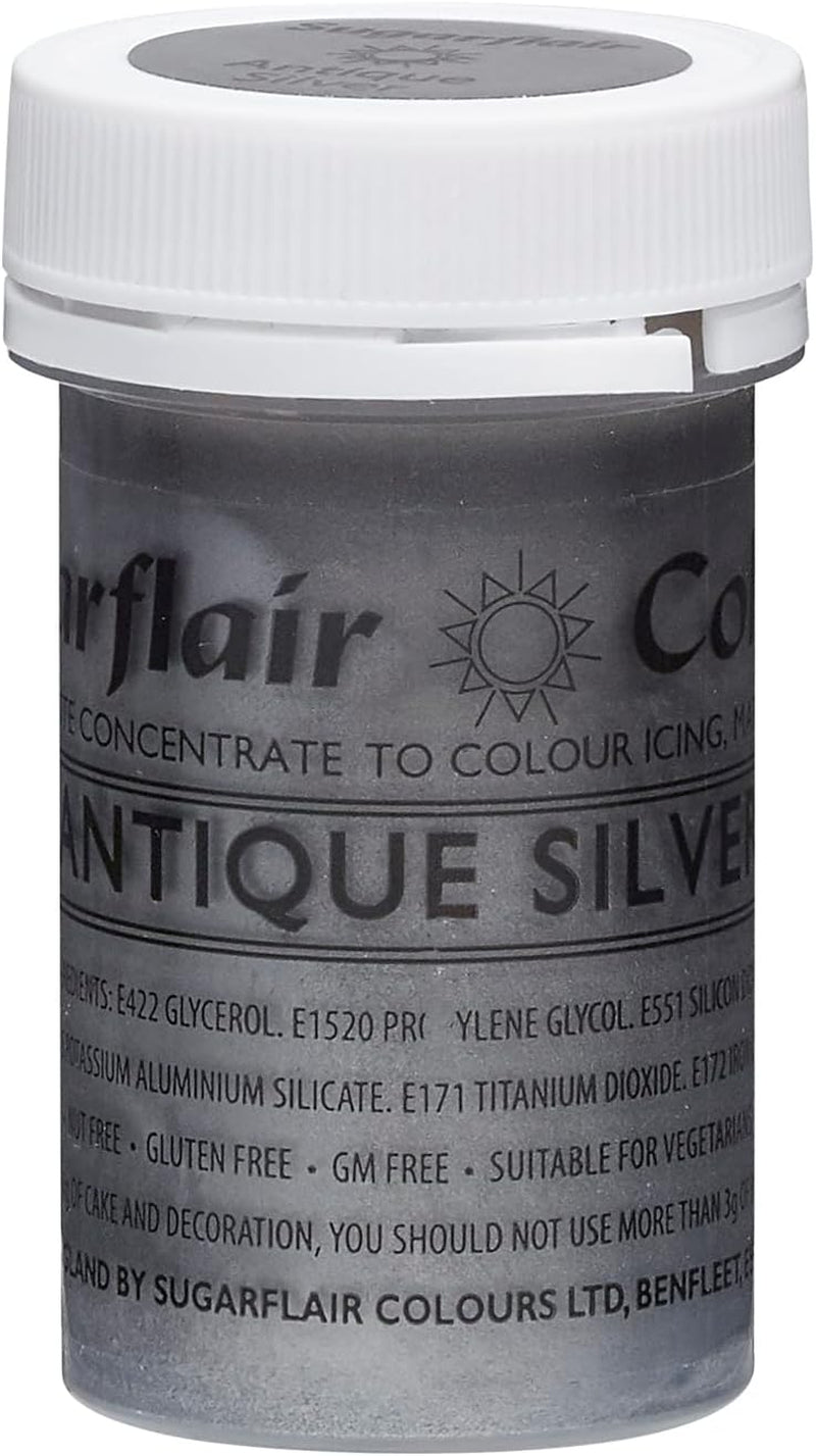 Sugarflair Nudel-Lebensmittelfarbe, Satinsilber, Nudel-Lebensmittelfarbe, hochkonzentriert, für Fondant, Marzipan, Zuckerpaste, Buttercreme, Kuchenmischung – Satin-Nudelfarbe – 25 g