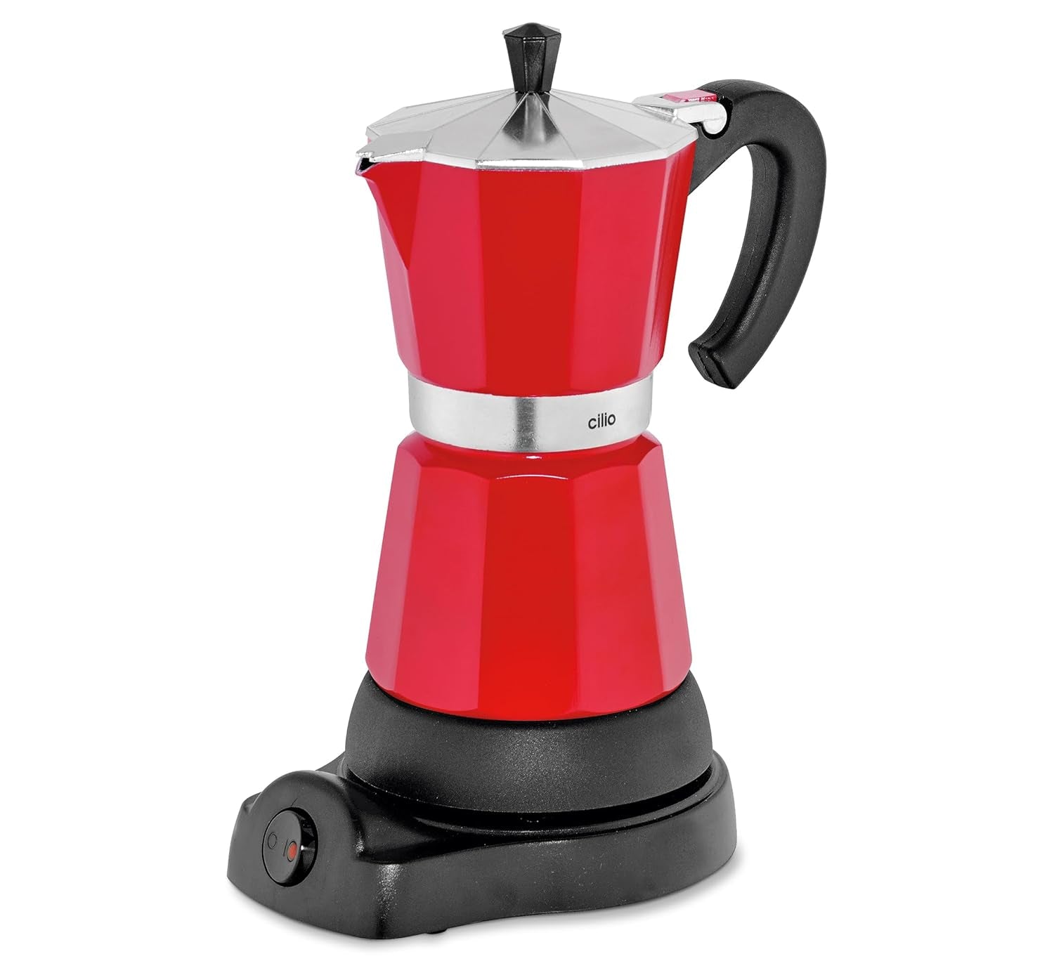 Cilio Classico Espressomaschine für 6 Tassen | elektrisch 480W | Ø 11,5 cm Höhe: 25 cm | Aluminium | rot | integriertes Kochfeld | mit Warmhaltefunktion und Reduzierfilter | für Reisen oder Camping