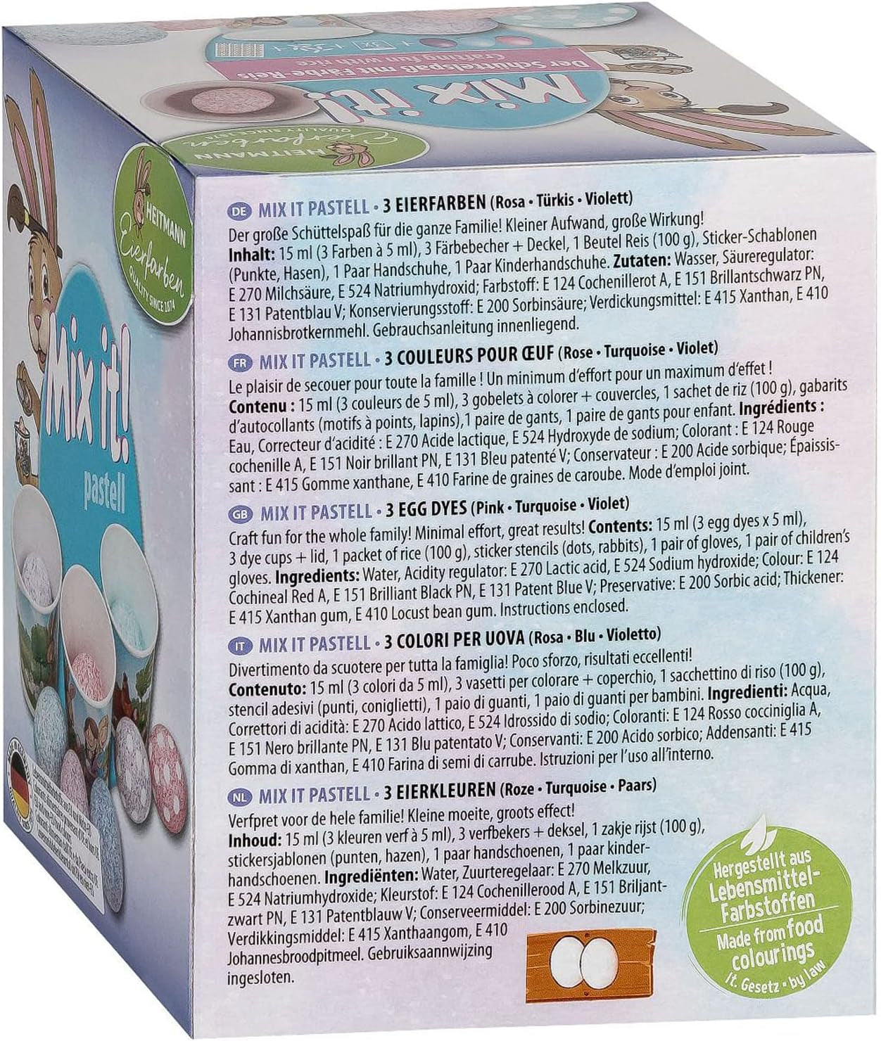 Heitmann Eierfarben – Mix It Pastell – 3 flüssige Eierfarben in Rosa, Türkis und Lila, Becher, Reis, Schablonen und Handschuhe – einfaches Eierfärben