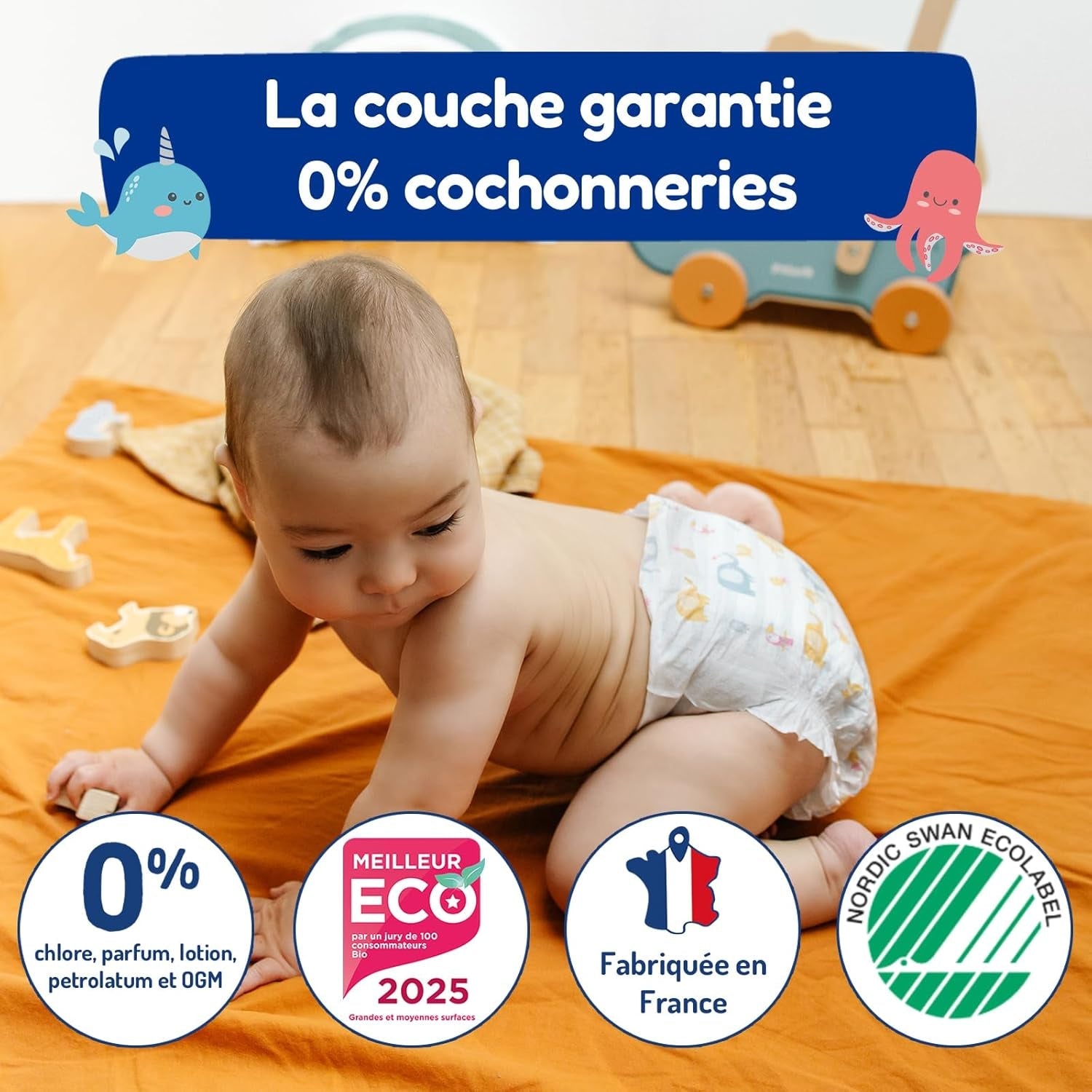 - Windelgröße 4+ 9-20 kg – Ökologische Babywaidern – natürliche Babypflege, hypoallergen, ohne Parfüm und auslaufsicher – Hermestellung in Frankreich – 126 Wegwerfwindeln – 1 Monat